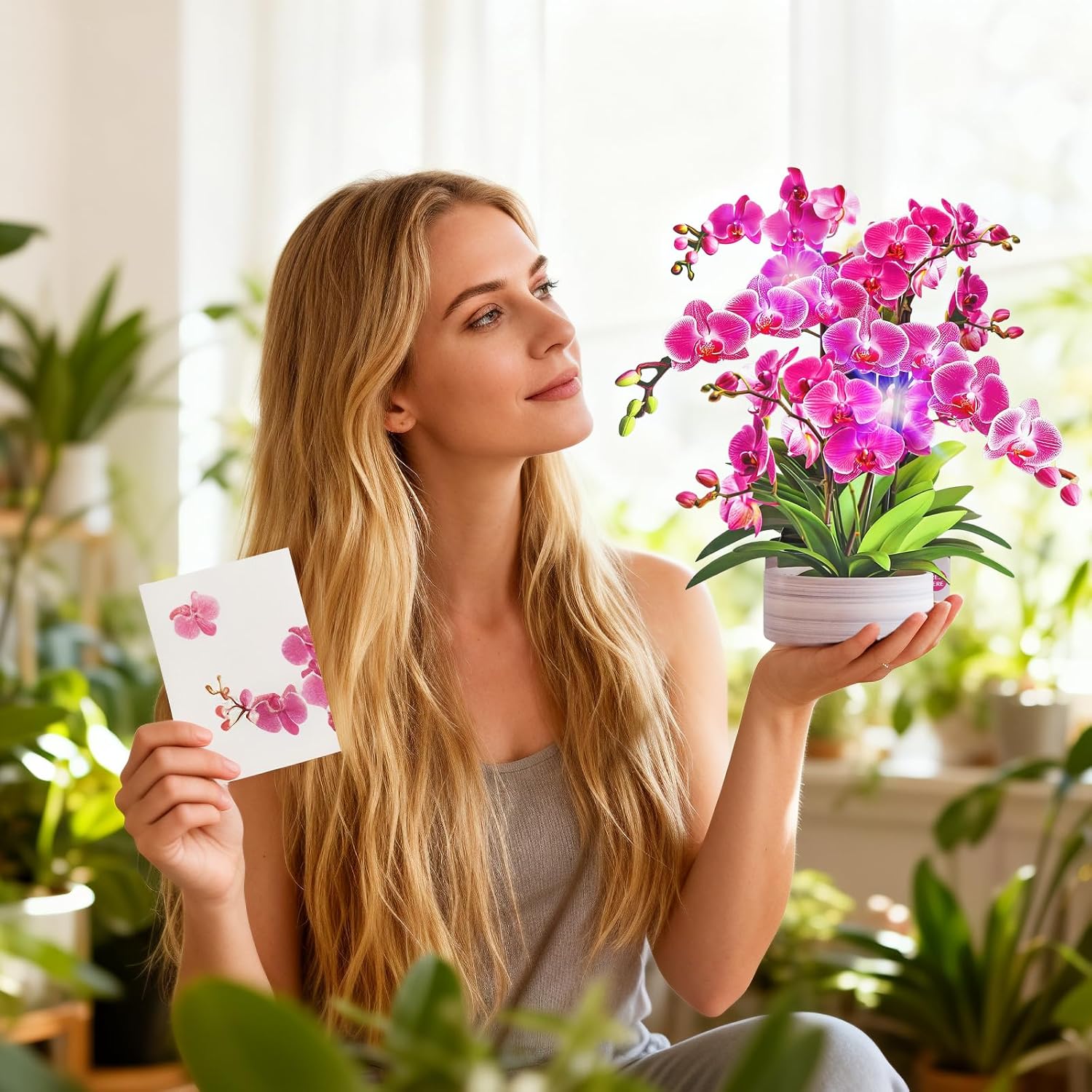 Birthday Cards, Mothers Day Cards With Light And Music, Orchid Oasis, 10 Inch Life Sized Forever Flower Bouquet, Greeting Card For Thank You Cards Get Well Soon For Her Women Wife Mom Daughter Sister (Blank Notecard & Envelope)