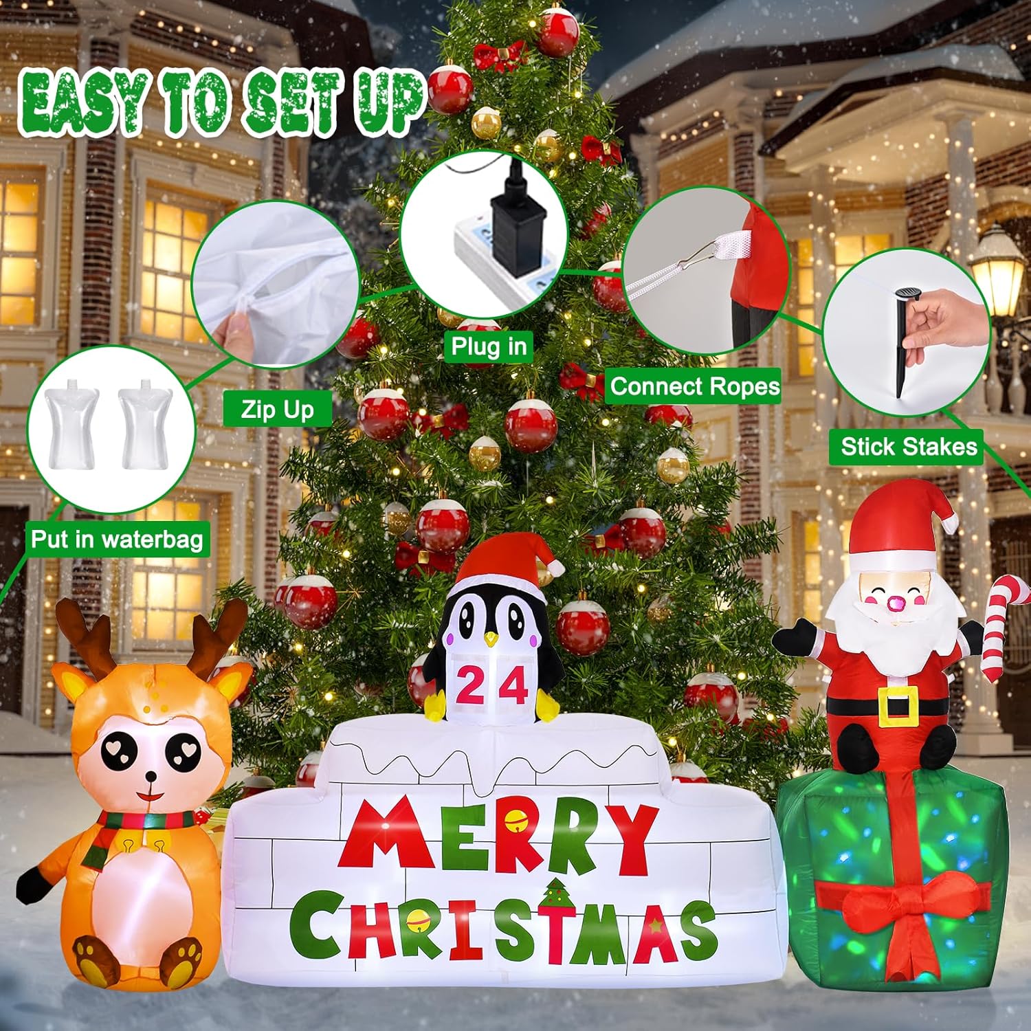 10 Ft Christmas Inflatables Outdoor Decorations Countdown Xmas Blow Up Yard Decorations, Reindeer Santa Inflatables Buil