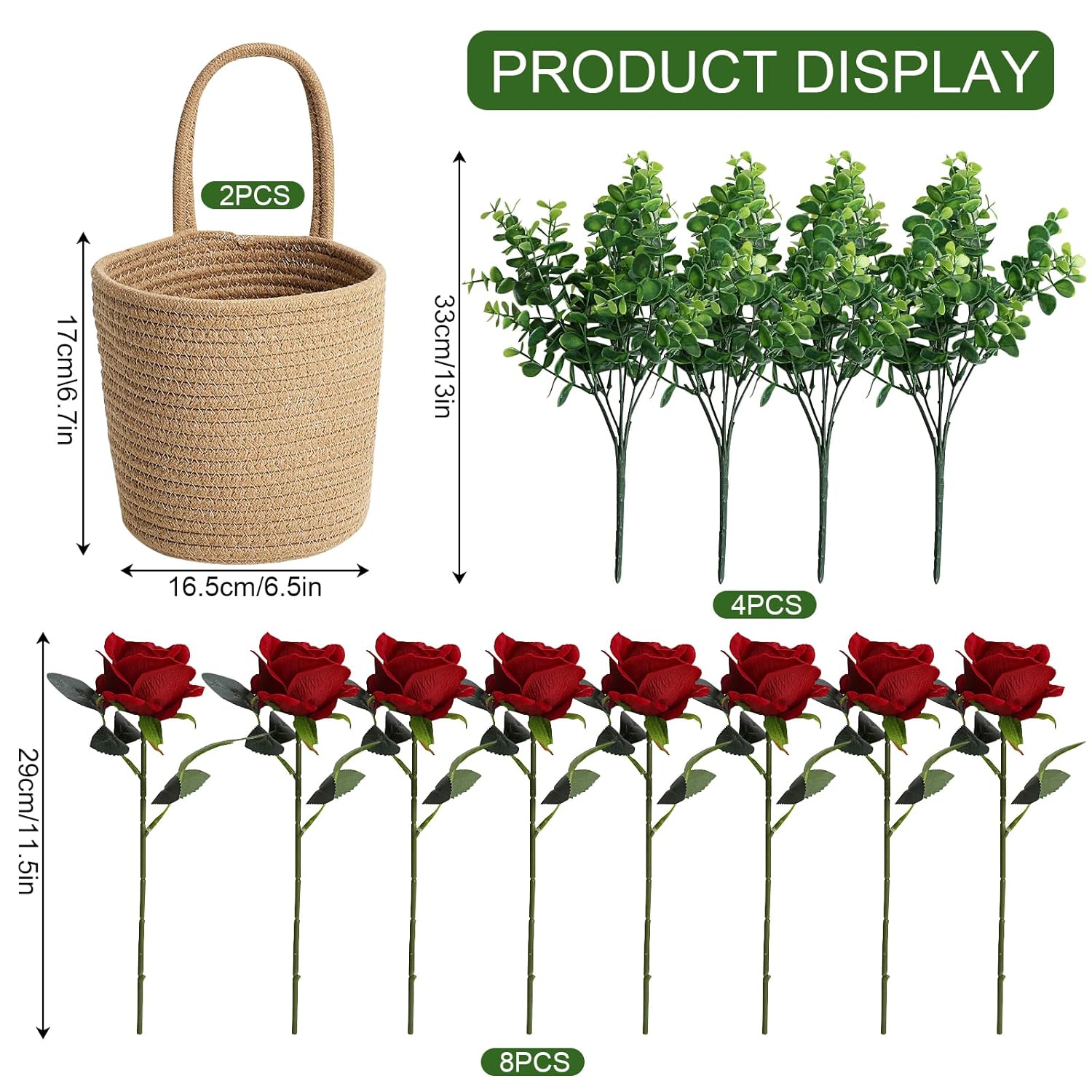 Artificial Roses Flowers With Jute Hanging Basket Pack Of 2, Faux Flannel Floral Eucalyptus Arrangement For Entryway Kitchen Bedroom Living Room Home Decorations - Burgundy
