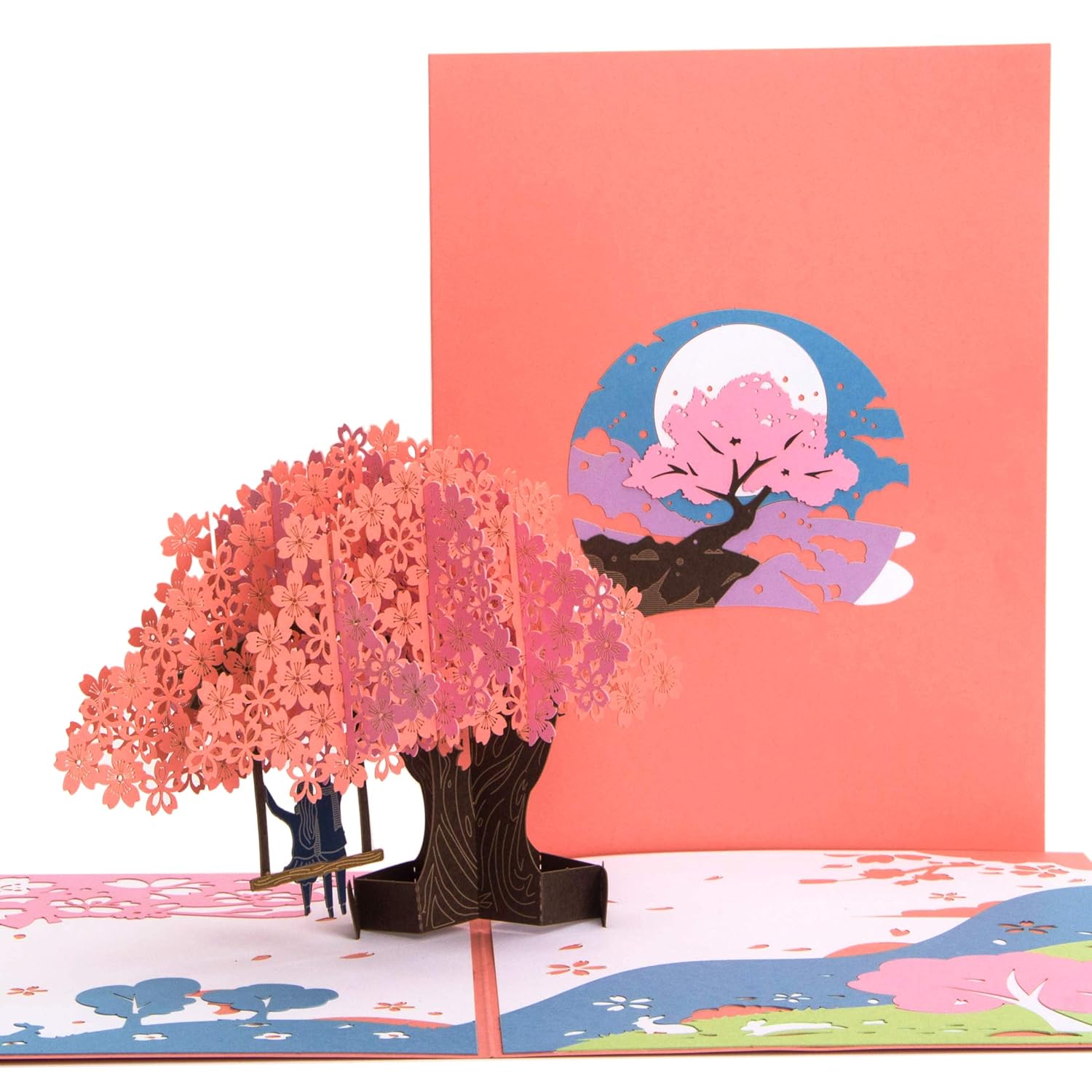 Cherry Blossoms And Swing 3D Pop Up Card, Anniversary Card, Valentines Day Card, Romantic Gift, Birthday Card For Wife Husband Couple Girlfriend Boyfriend, With Envelope