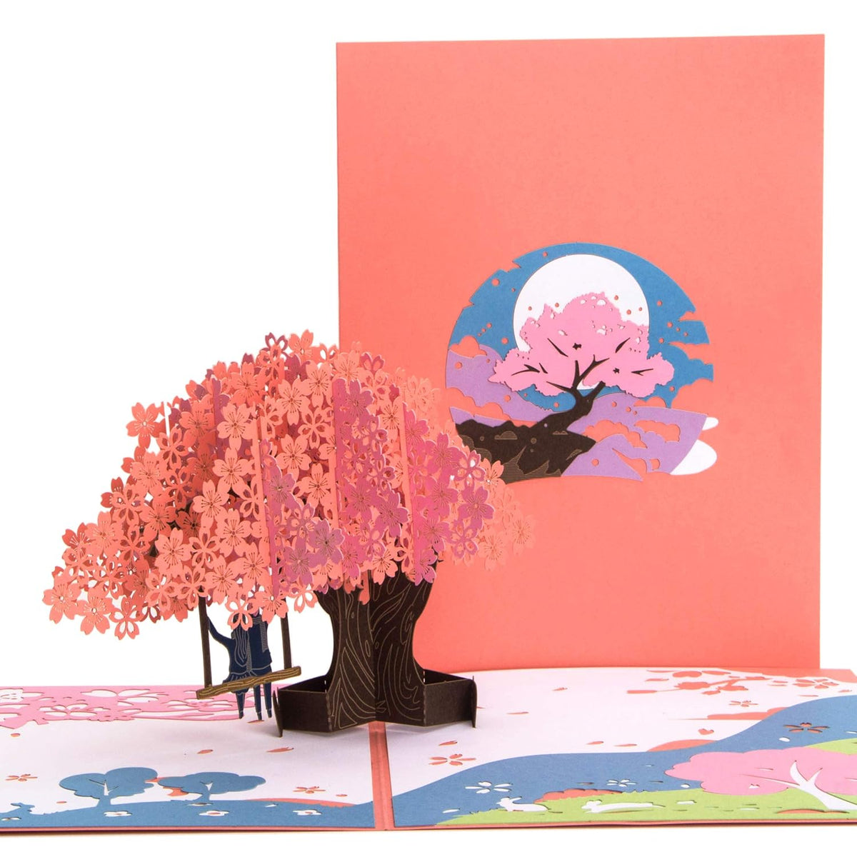 Cherry Blossoms And Swing 3D Pop Up Card, Anniversary Card, Valentines Day Card, Romantic Gift, Birthday Card For Wife Husband Couple Girlfriend Boyfriend, With Envelope