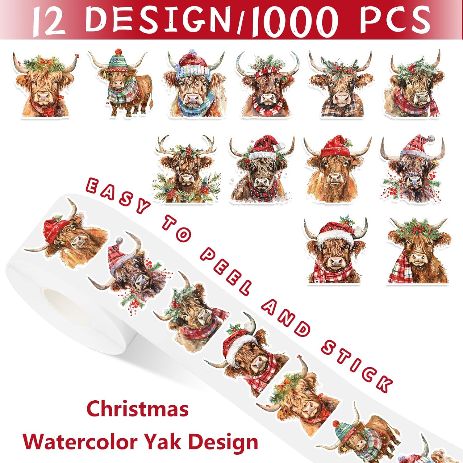 1000Pcs Christmas Highland Cow Roll Stickers Watercolor Rustic Cow Self-Adhesive Label Decals For Winter Xmas Seal Cards Envelopes, 2 Rolls, 12 Designs