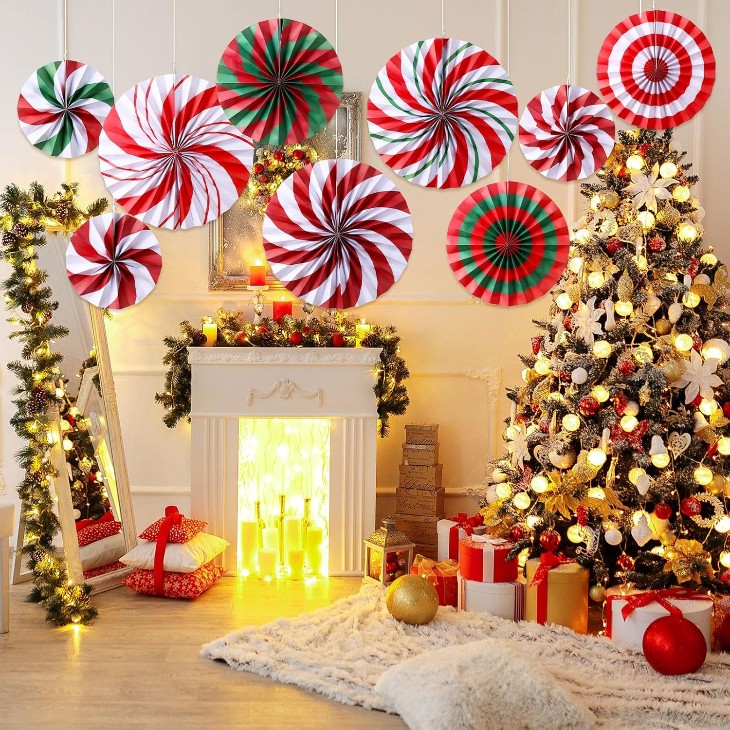 Christmas Hanging Decorations Candy Paper Fans Peppermint Hanging Paper Fans Candy Cane Ceiling Wall Decor For Christmas Party Classroom Birthday Party(9 Pcs,Sweet)