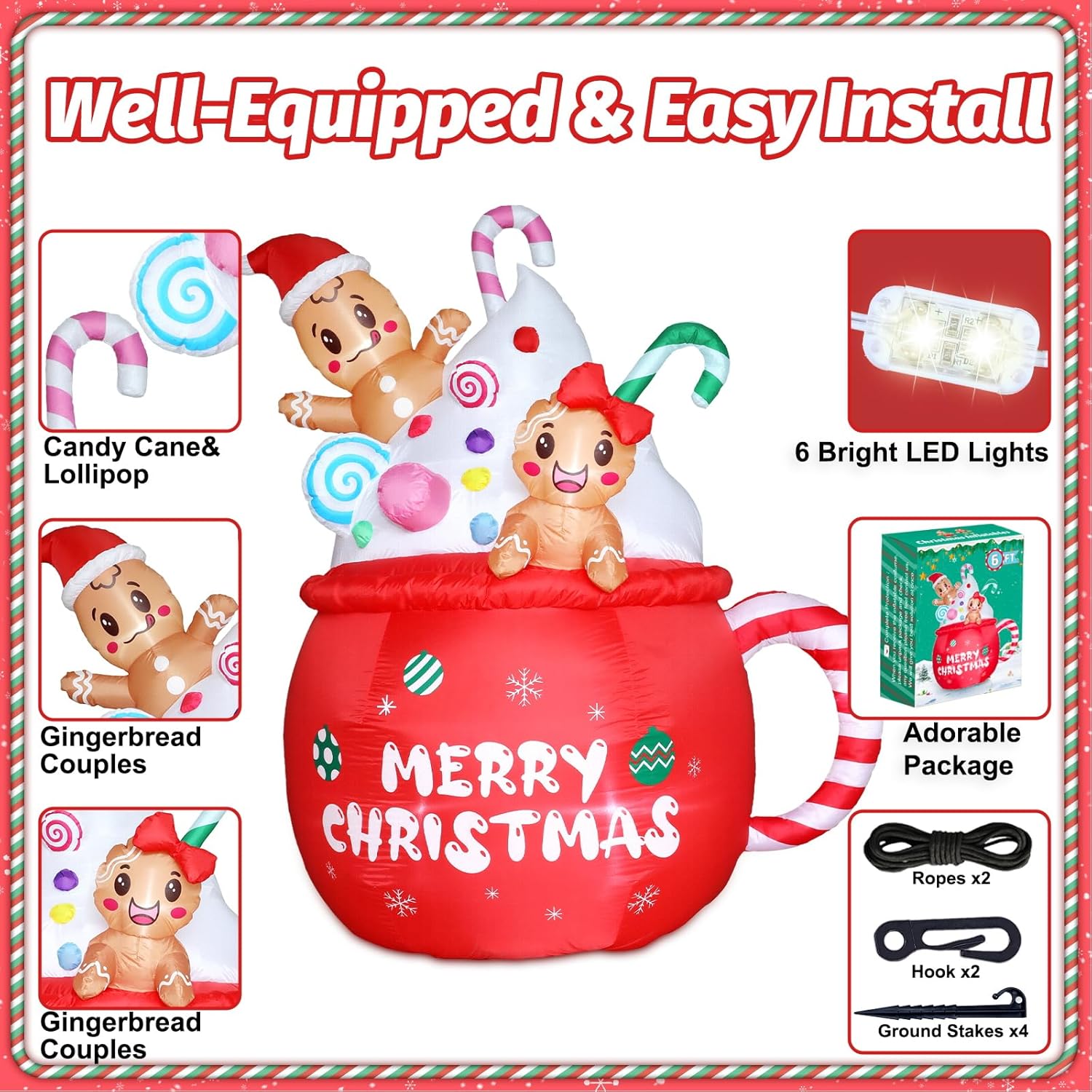 Christmas Inflatable Outdoor Decorations 6Ft Gingerbread Inflatables Christmas Blow Up Gingerbread Man Hot Cocoa Mug Can