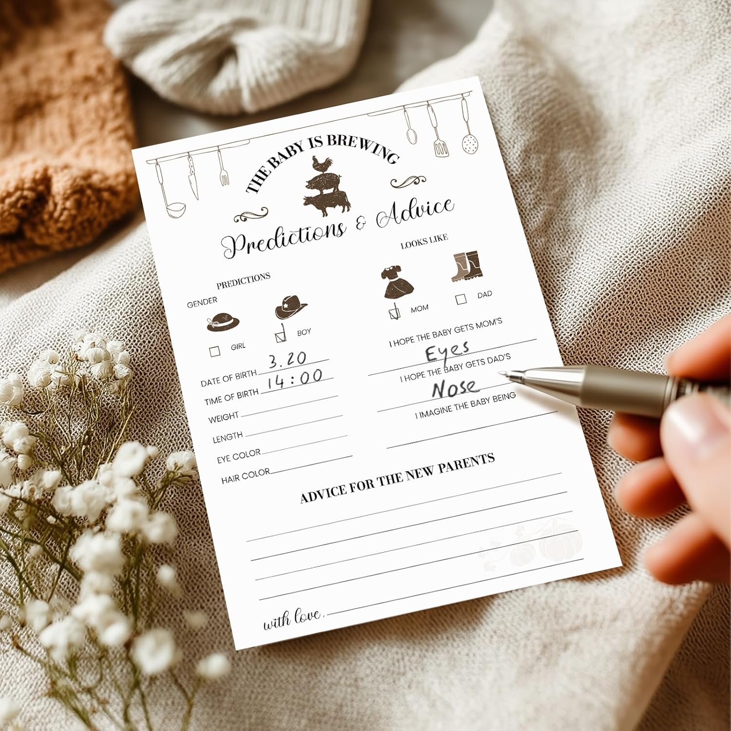Farmyard Fun Baby Prediction Cards For New Parents, Advice And Wishes – 50 Rustic Gender Neutral Baby Shower Games For Boys And Girls - 5X7 Inch