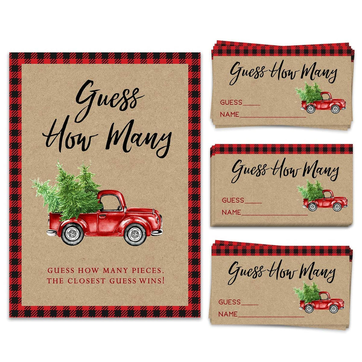Christmas Party Game - Candy Jar Guessing Activity For A Families And Large Groups, Includes 50 Cards And Matching Sign
