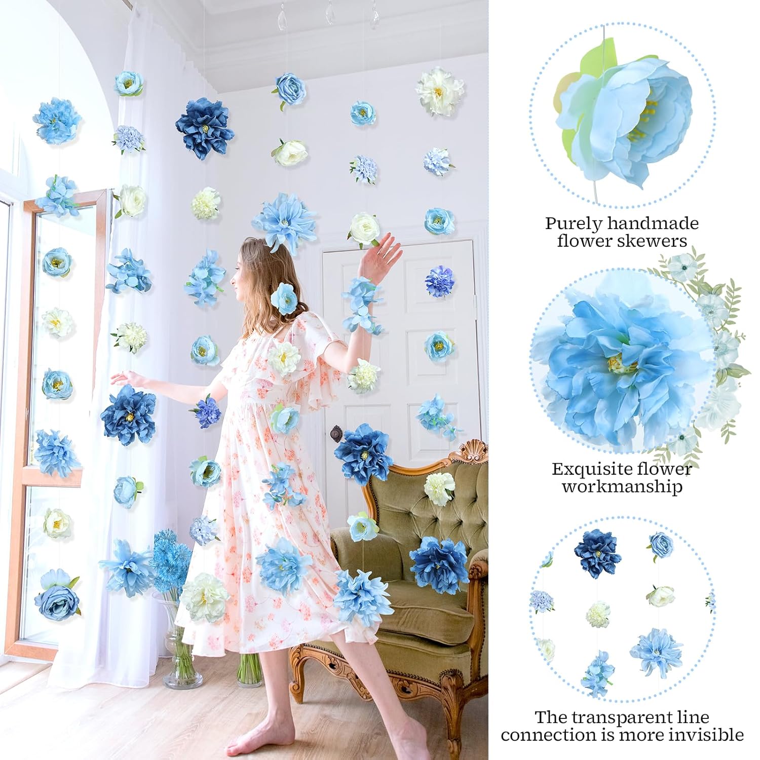 6 Pcs Blue Flower Garlands Hanging Decorations,Floral Party Decorations Flowers On String With Hooks For Wedding Birthday Baby Shower Home Birthday Decorations