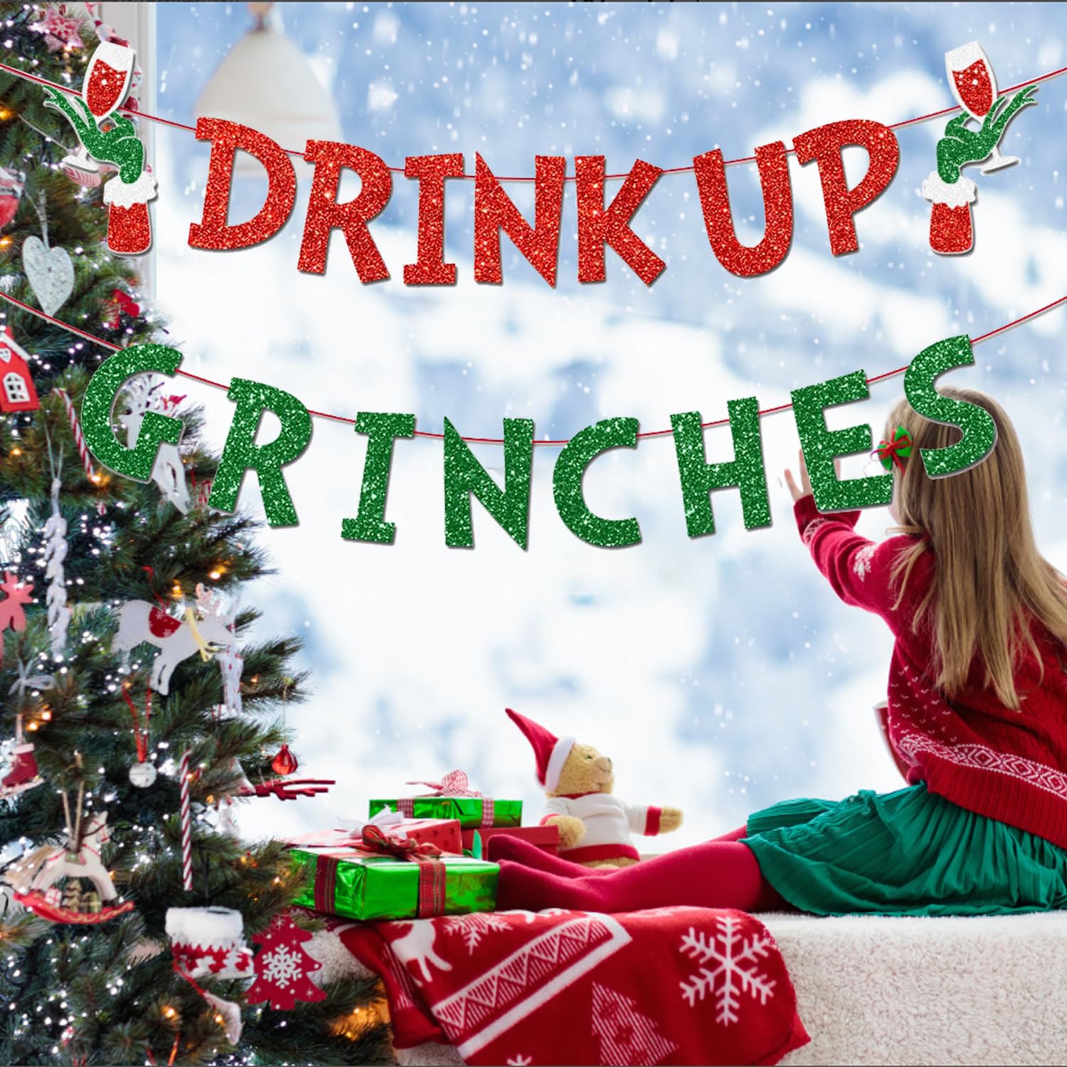 Drink Up Banner, Glittery Christmas Decorations Banners Winter Holiday Garland Photo Props Banner For Party Home Decorations