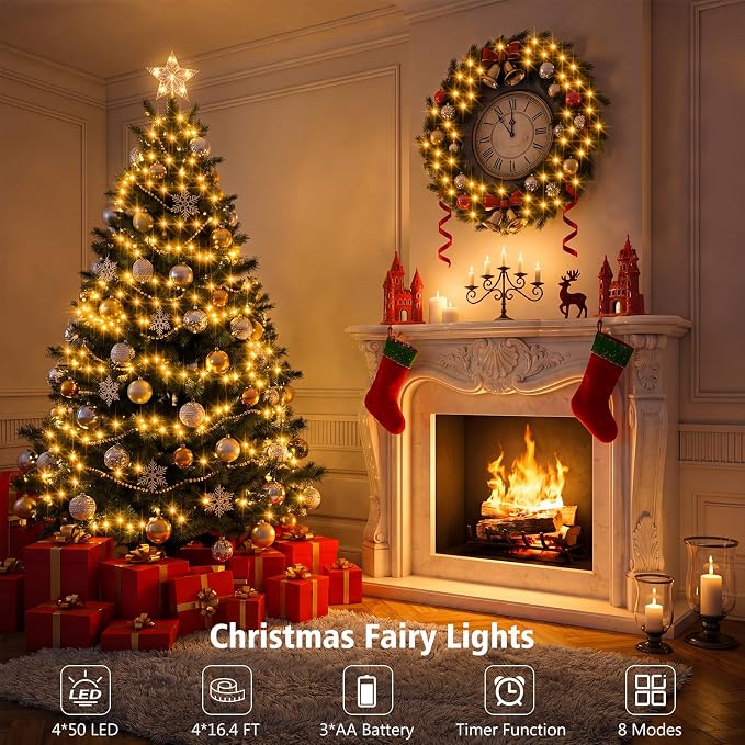 4 Pack Battery Operated Fairy Lights 16.4FT 50 LED Warm White Starry String Lights with Auto Timer Dark Green Copper Wire for Wedding Christmas Decor