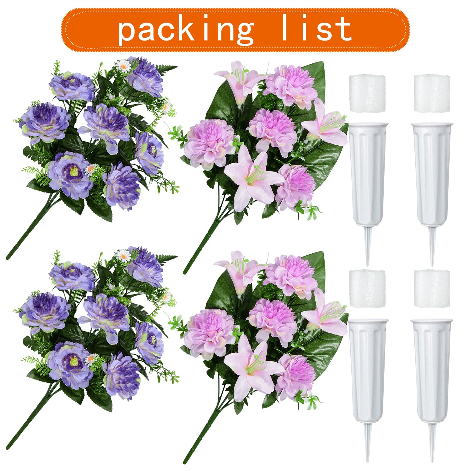 Artificial Cemetery Flowers, Artificial Grave Memorial Flowers With Vase For Cemetery Graveyard Decoration (Purple Flowers Bouquets, Set Of 4)