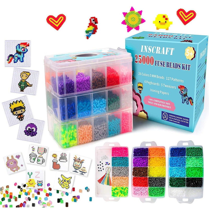 25,000 Pcs Fuse Beads Kit 26 Colors 5Mm, Including 127 Patterns, 4 Big Square,