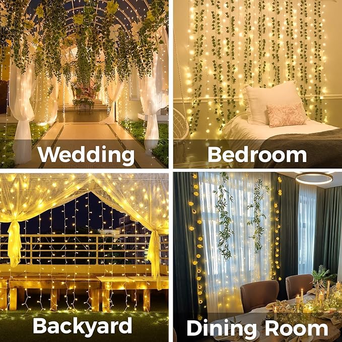 200 LED Curtain Lights Warm White Hanging Fairy String Lights for Bedroom Window Wall Wedding Party Decor