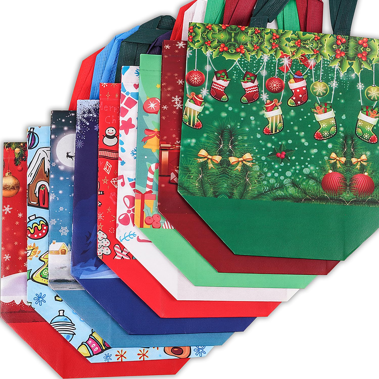 9Pcs Christmas Gift Bags, Christmas Tote Bags With Handles, Reusable Non-Woven Shopping Bags For Xmas Gifts Wrapping Holiday Party Supplies, 12.8"×9.8"×6.7"