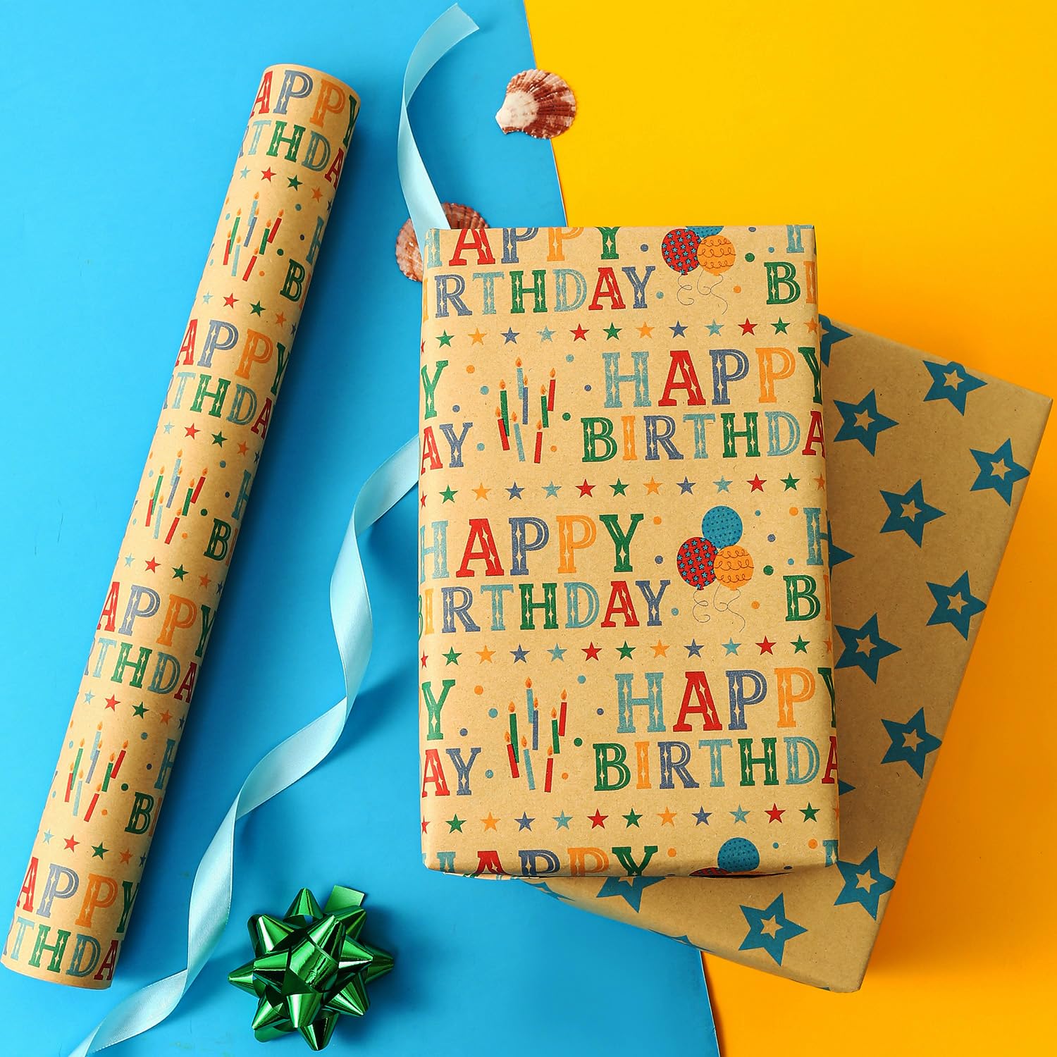 Kraft Birthday Wrapping Paper Roll For Boys Girls Kids Men Women - Reversible Happy Birthday Gift Wrap Paper For Holiday Party - 1 Roll, 17.2 Inch X 33 Feet