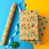 Kraft Birthday Wrapping Paper Roll For Boys Girls Kids Men Women - Reversible Happy Birthday Gift Wrap Paper For Holiday Party - 1 Roll, 17.2 Inch X 33 Feet