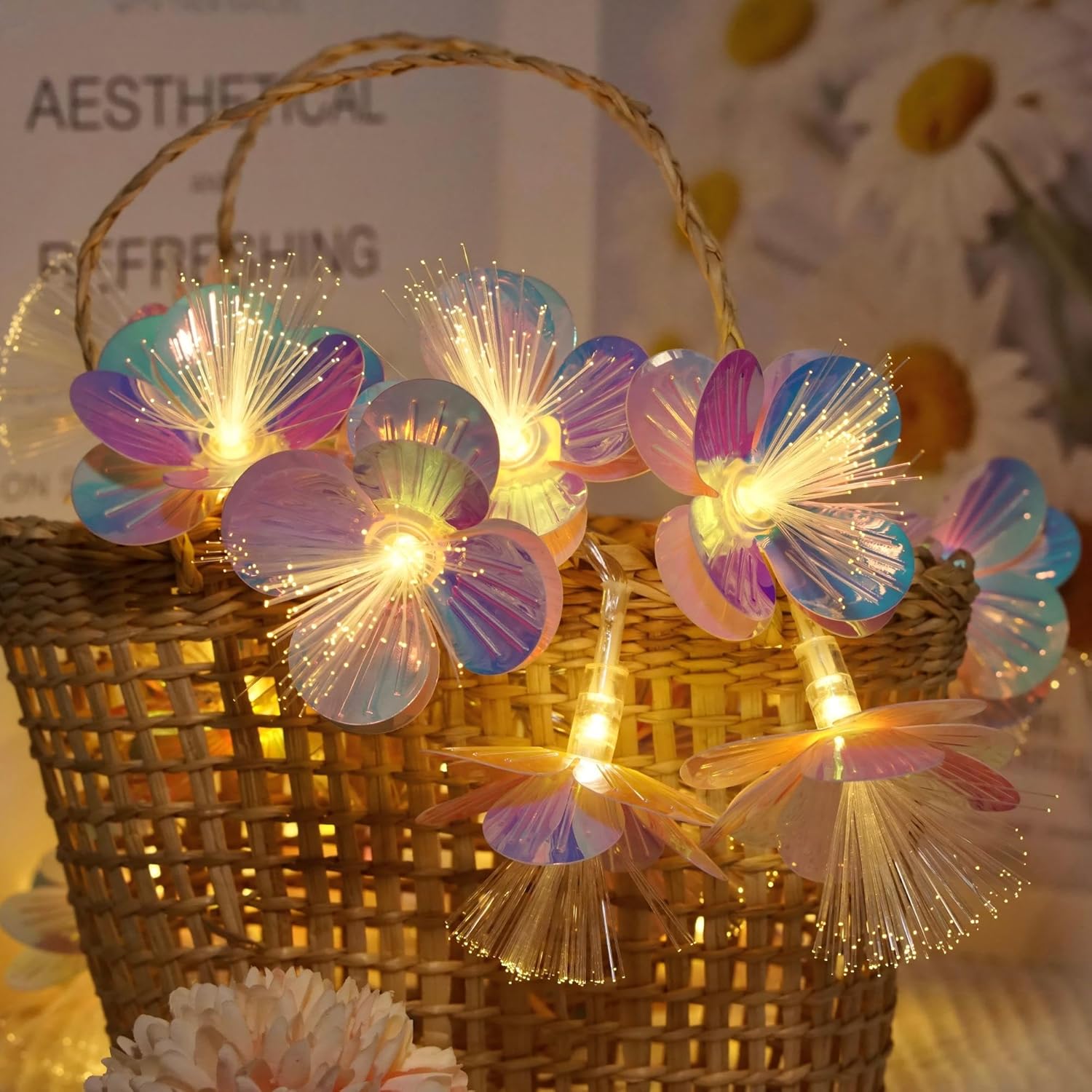 Fiber Optic Flower String Lights Battery Operated 5Ft 10 Led Artificial Flower Garland Fairy Lights For Wedding Christma