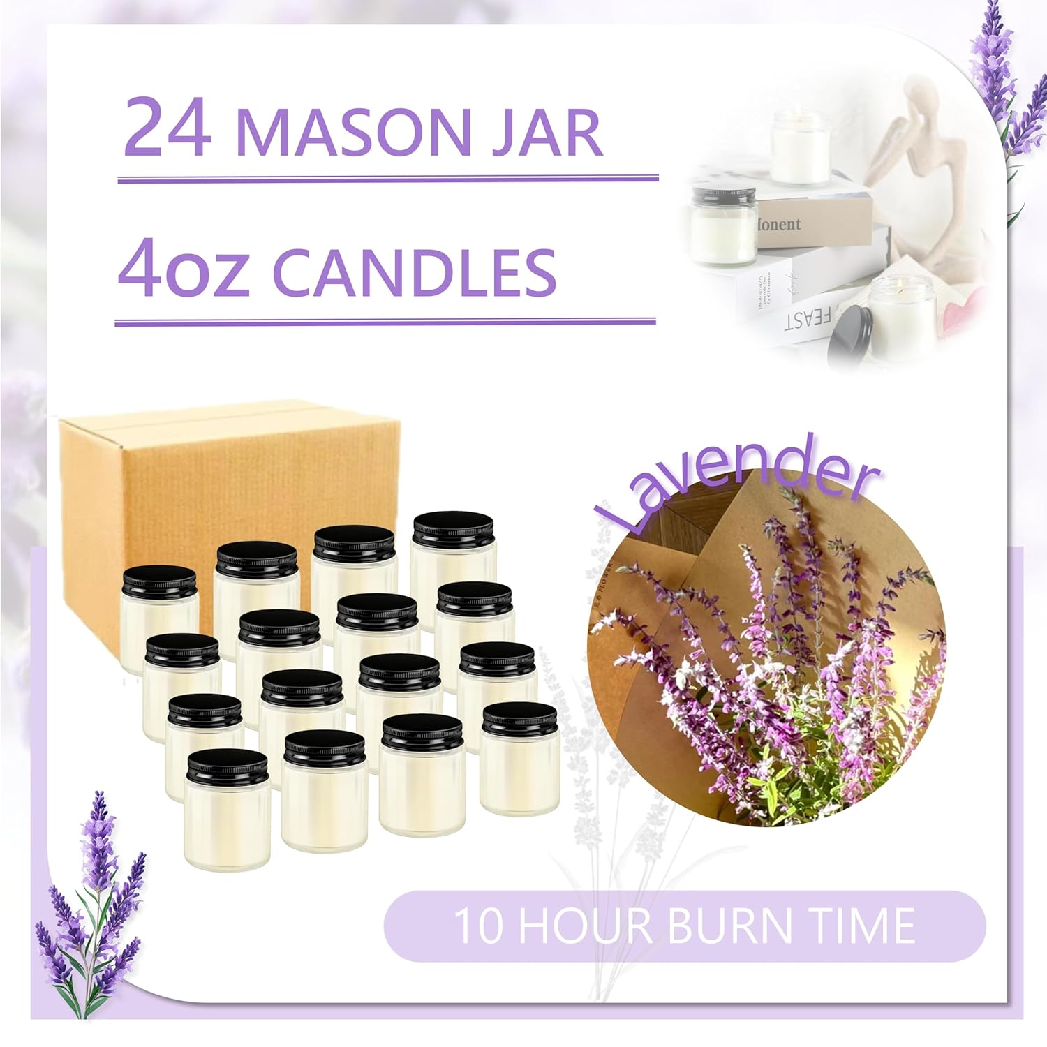 24 Pcs 4Oz Mini Mason Jar Candles Small Lavender Scented Candles Bulk Aromatherapy Ideal Souvenir Favors For Wedding Birthday Party (Black, 24)