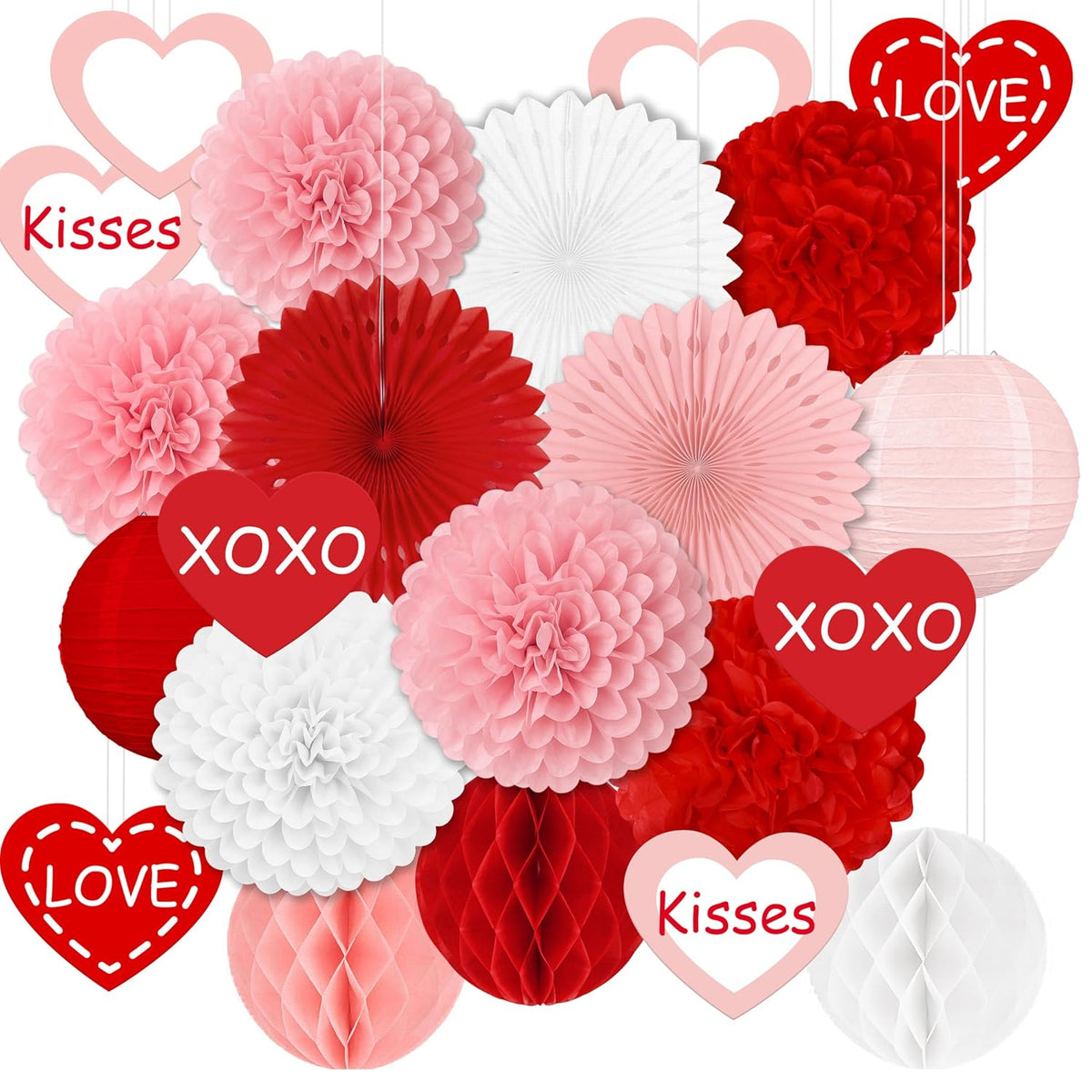 22Pcs Valentines Day Party Decorations – Red Pink Paper Fans, Honeycomb Hanging, Tissue Pom Poms Kit For Classroom, Office, Birthday, Galentines Ceiling Decor