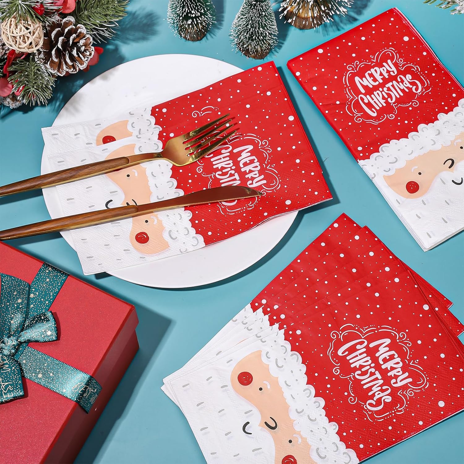 100 Pack Merry Christmas Guest Napkins Cute Santa Claus Disposable Paper Napkins Red White Decorative Bathroom Hand Napkin Towel For Xmas Party Supplies, 13 X 15.7 Inch