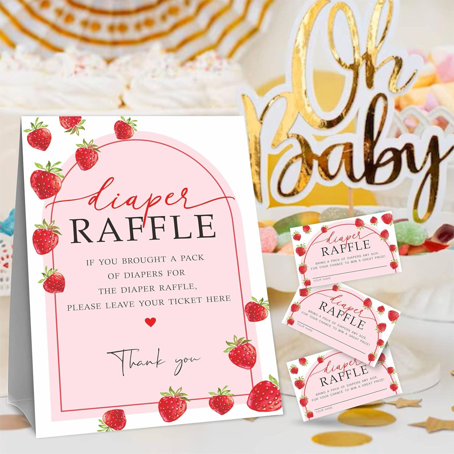 Berry Baby Shower Diaper Raffle Game Kit, Strawberry & Pink Arch - 1 Standing Sign & 50 Tickets, Decorations For Shower, Reveal, Announcement, Party Favors & Supplies - A12