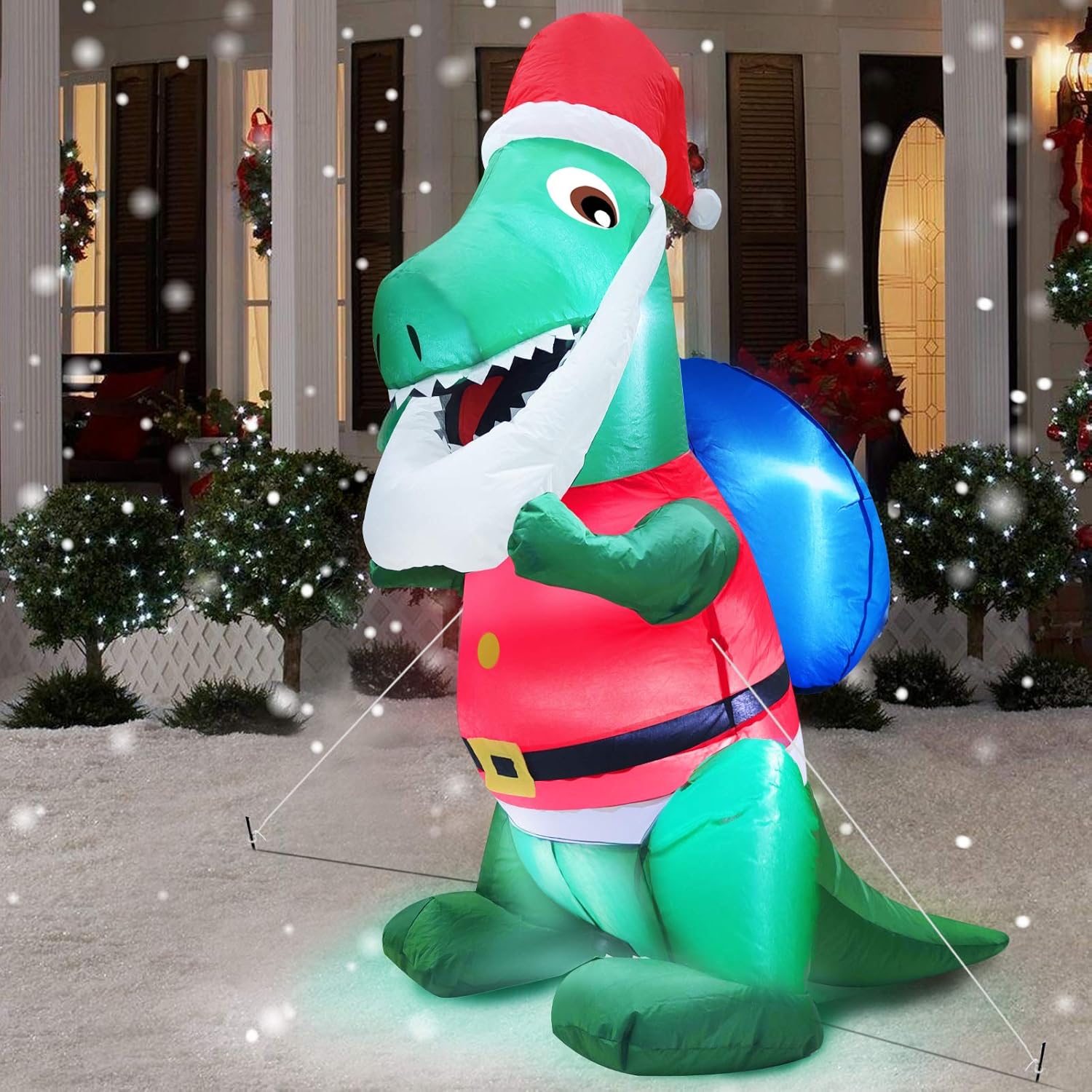 4 Ft Christmas Inflatables Santa Dinosaur With Led Light Stakes Tethers Outdoor Decoration