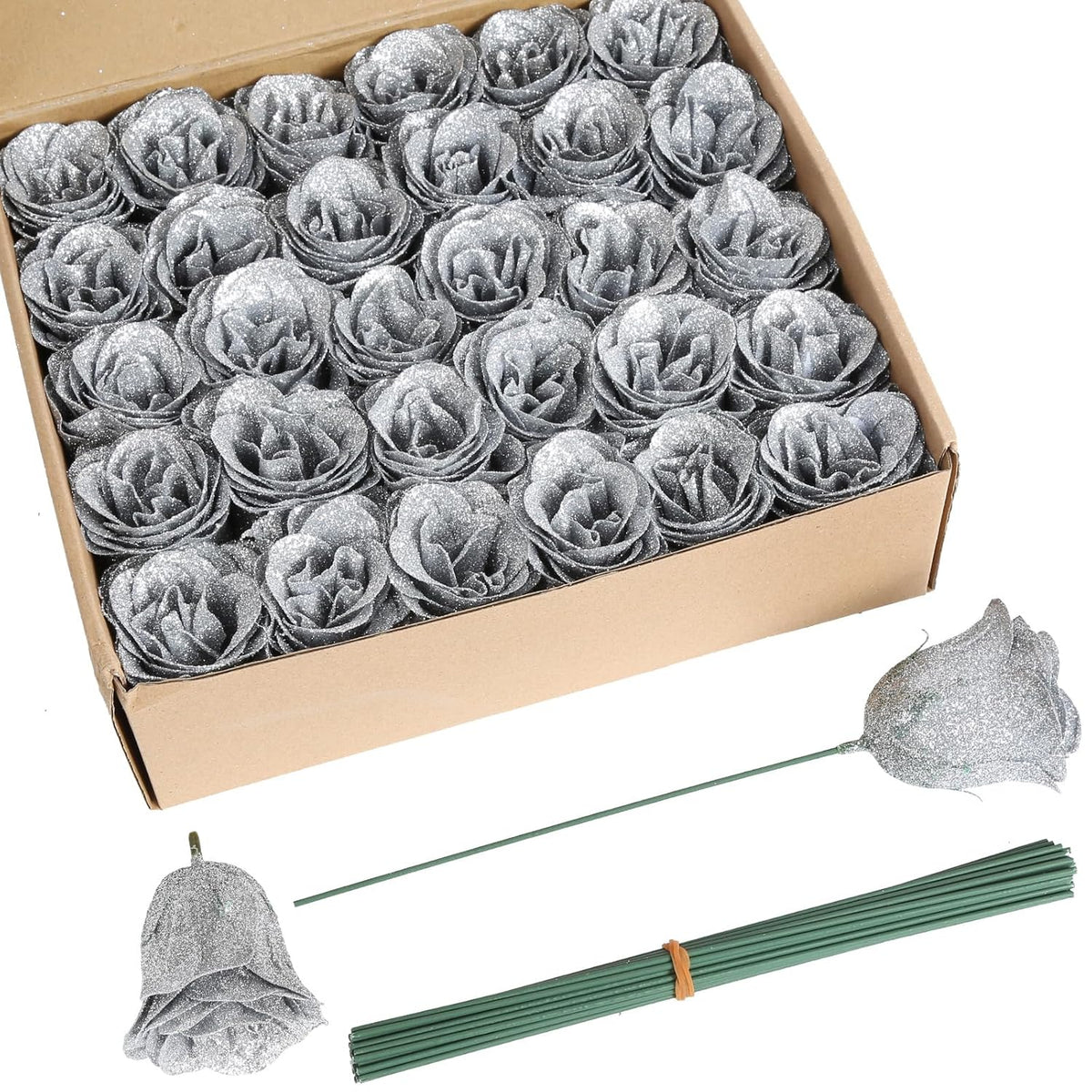 Silver Roses,30Pcs Glitter Roses Flowers Artificial Roses With Stems For Crafts Wedding Bouquet Party Home Decor(Silver)