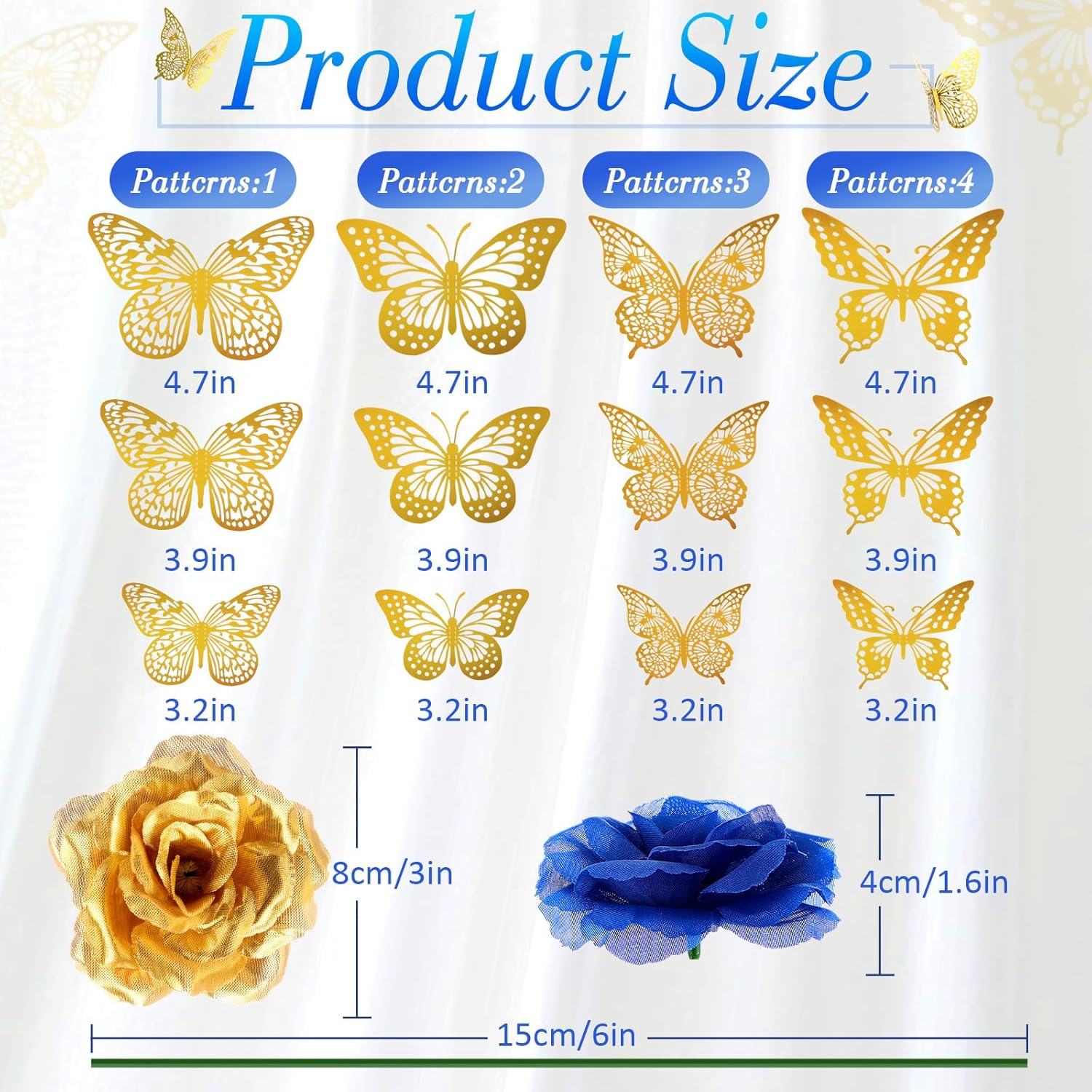 296 Pcs Faux Roses With Stem And 3D Butterfly Decorations Artificial Flowers Bulk Stemless Fake Silk Roses For Wedding Party Baby Shower Diy Home Decor(Blue, Gold)