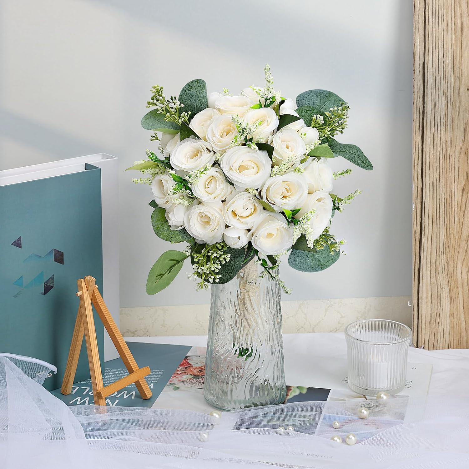 Bridesmaids Bouquets For Wedding - Set Of 6 Realistic Artificial Rose Eucalyptus Silk Bride Flowers For Bridal Shower Ceremony Decorations - Ivory White