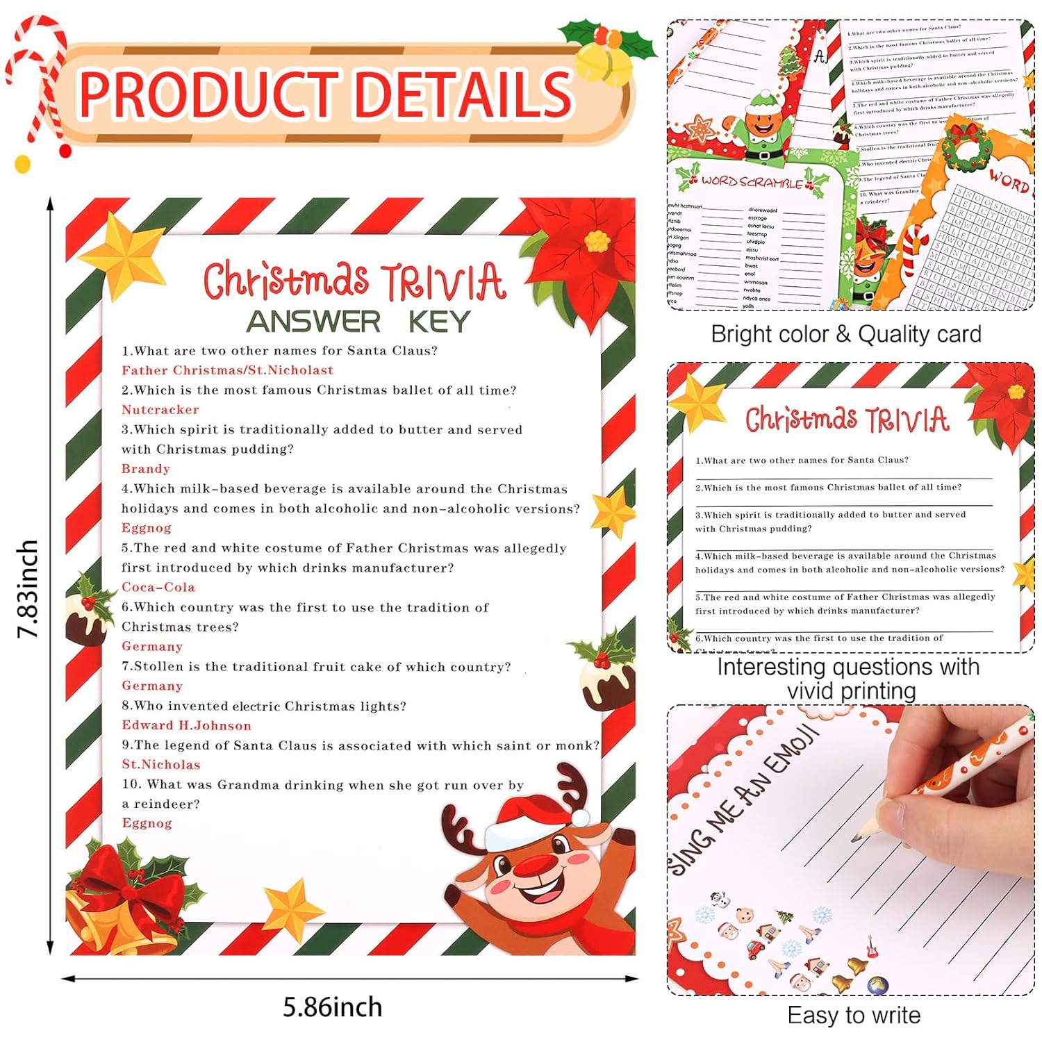 54 Pcs Christmas Trivia Party Game Cards,Christmas Word Search Trivia Scramble Game Cards Set For Xmas Eve Winter Party Supplies Coworkers Holiday Activity