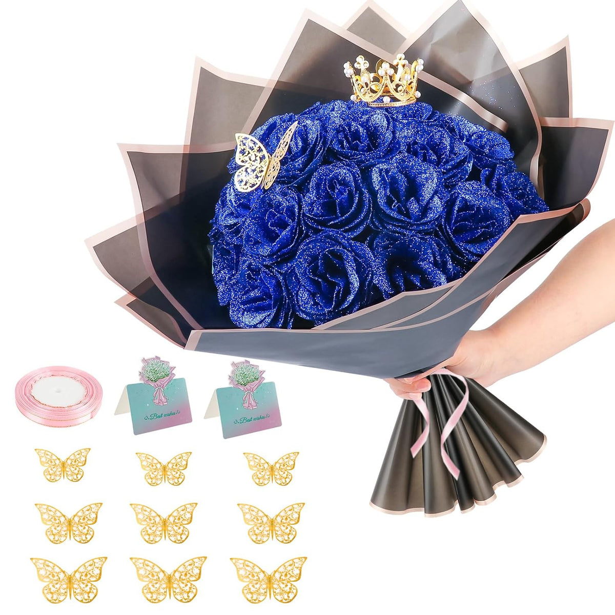 Glitter Roses Bouquet, 24 Roses Diy Fake Glitter Flowers Bouquet, Everlasting Shiny Artificial Red Rose Bouquet For Mothers Day Gifts, Anniversary, Engagement, Wedding (Blue)