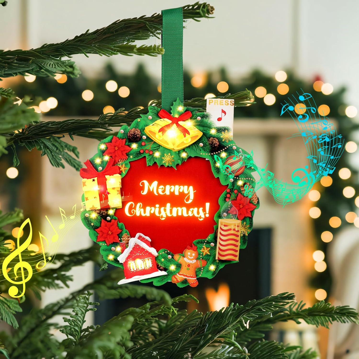 Christmas Cards, Light And Music Christmas Wreath Card, 3D Pop Up Xmas Greeting Card For Women Men Kids Husband Wife Mom Dad Daughter, Decoration For Tree
