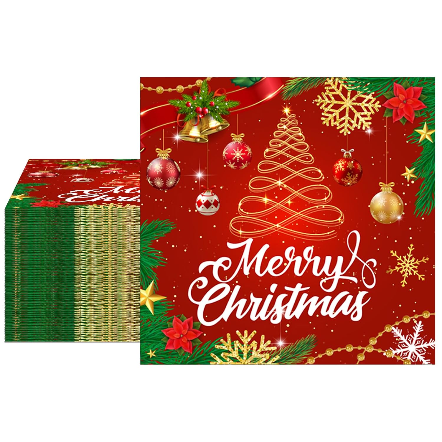 100 Pcs Merry Christmas Dinner Napkins For Christmas Theme Party Decorations, Disposable Red Gold Xmas Tree Xmas Ball Luncheon Paper Napkins For Winter Celebration Supplies 13X13 Inches