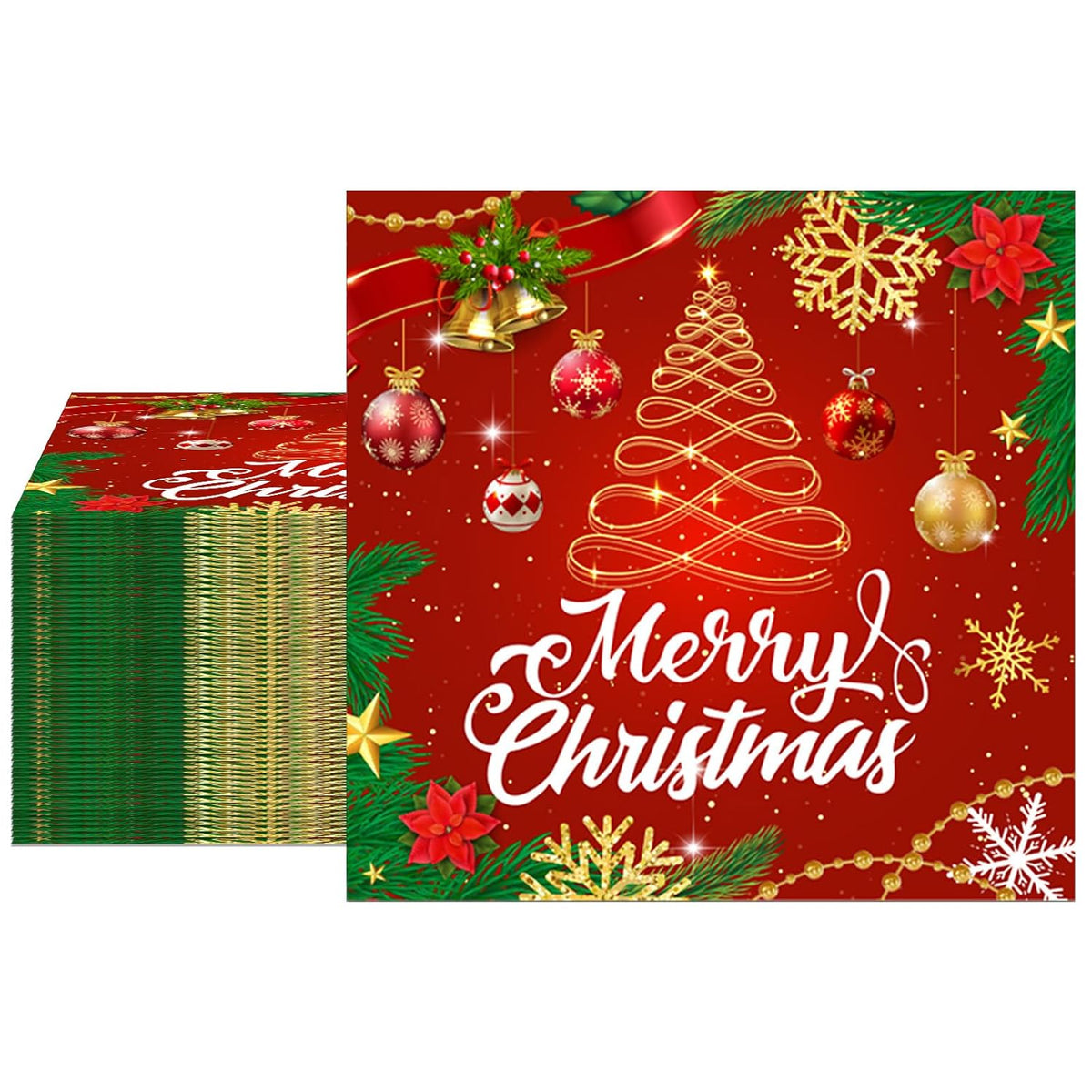 100 Pcs Merry Christmas Dinner Napkins For Christmas Theme Party Decorations, Disposable Red Gold Xmas Tree Xmas Ball Luncheon Paper Napkins For Winter Celebration Supplies 13X13 Inches