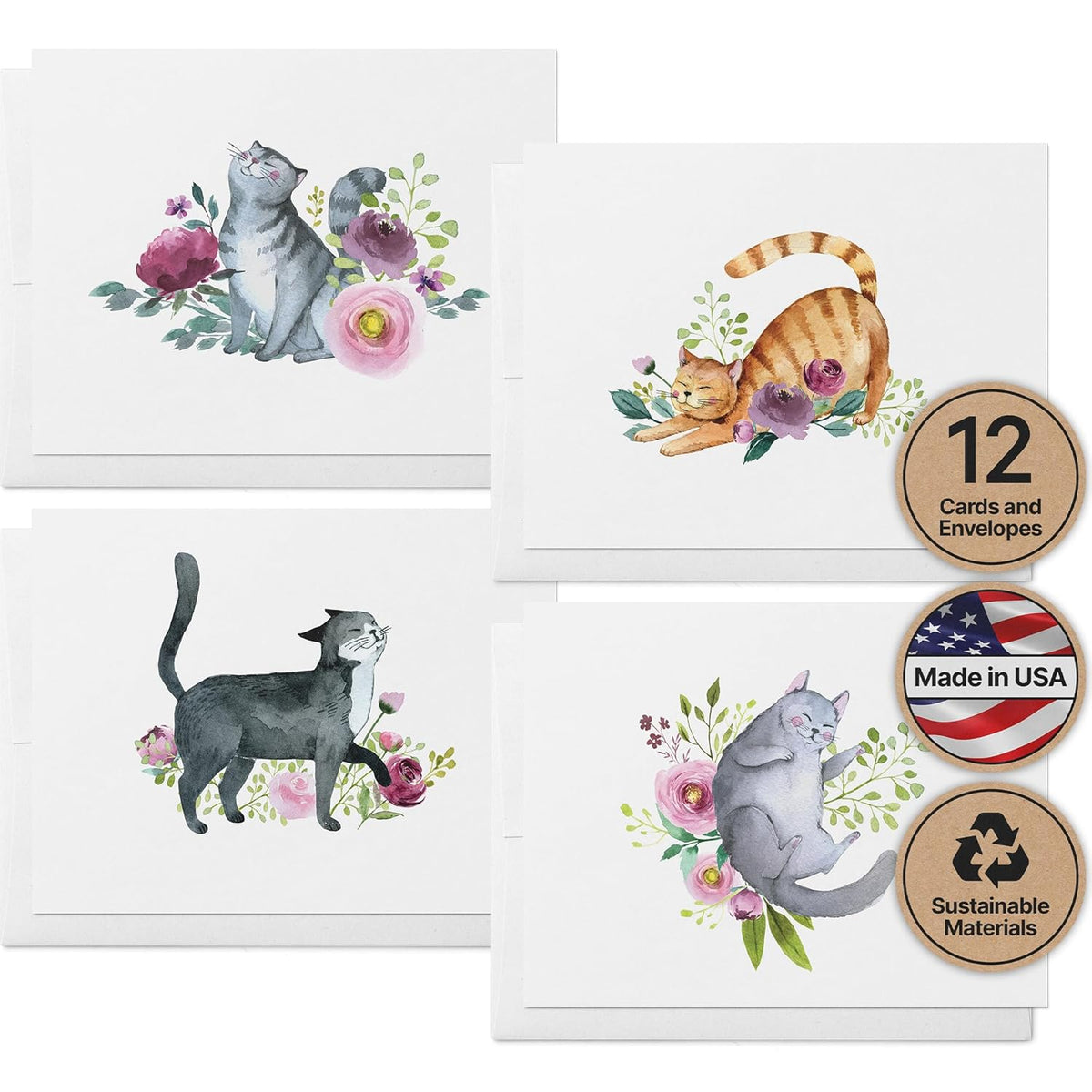Paper - Assorted Cat Greeting Cards - Stationery Cards With Envelopes - Thank You Card - Blank Note Cards - Greeting Cards For All Occasions - Made In Usa (5.5 X 4.25, Set Of 12)