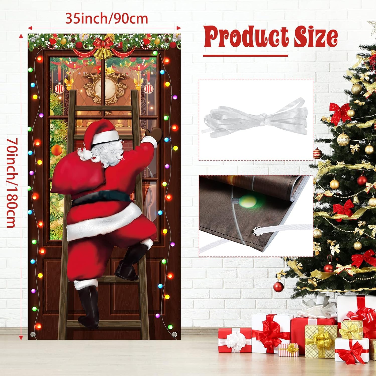 2 Pcs Christmas Decorations Santa Door Cover Xmas Backdrop Banner With Santa Climbing The Window And Gift Pattern Eve Decor For Party House Photo Booth Props