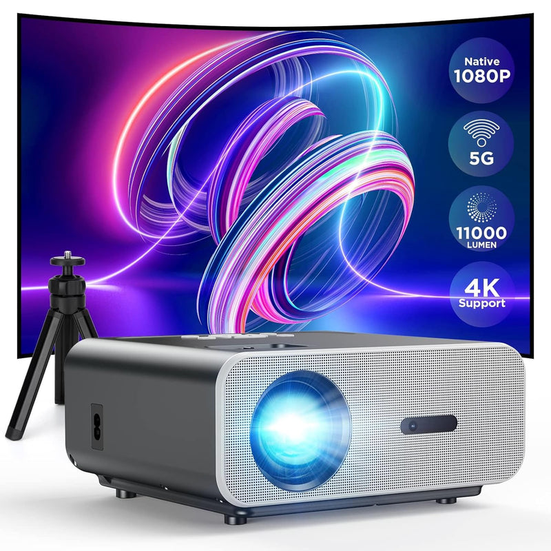 Native 1080P Portable Projector 4K Supported With Tripod, Projector With 5G Wi