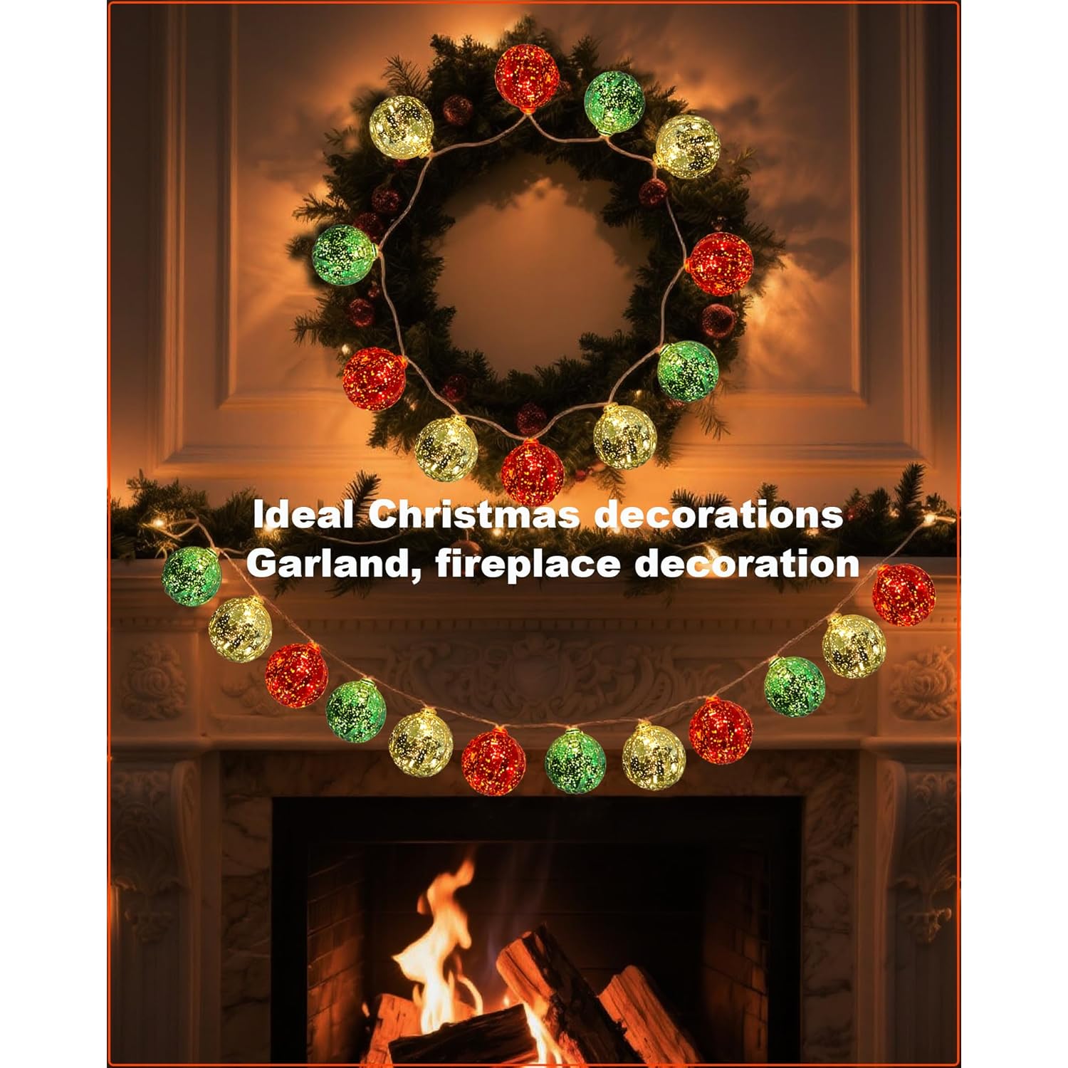 Battery Powered Christmas Lights 6.8Ft 10 Led Red Gold Green Globe String Lights With Timer, Color Christmas Tree Decora