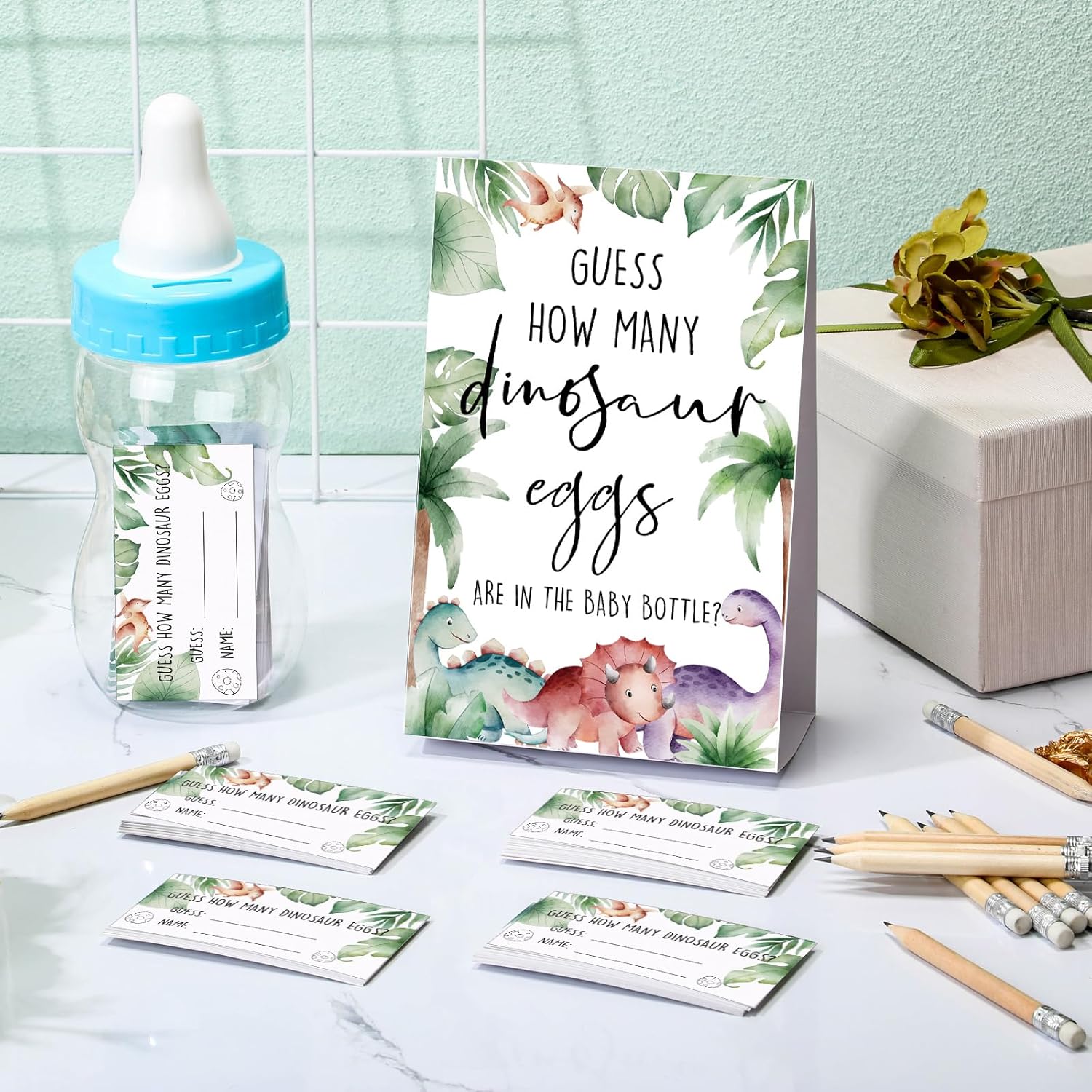112 Pcs Baby Shower Games Guess How Many Dinosaur Eggs Game Sign 100 Small Guessing Games 10 Hb Pencils 750Ml Milk Bottle Baby Shower Game Favors For Guests Gender Reveal Party Favor
