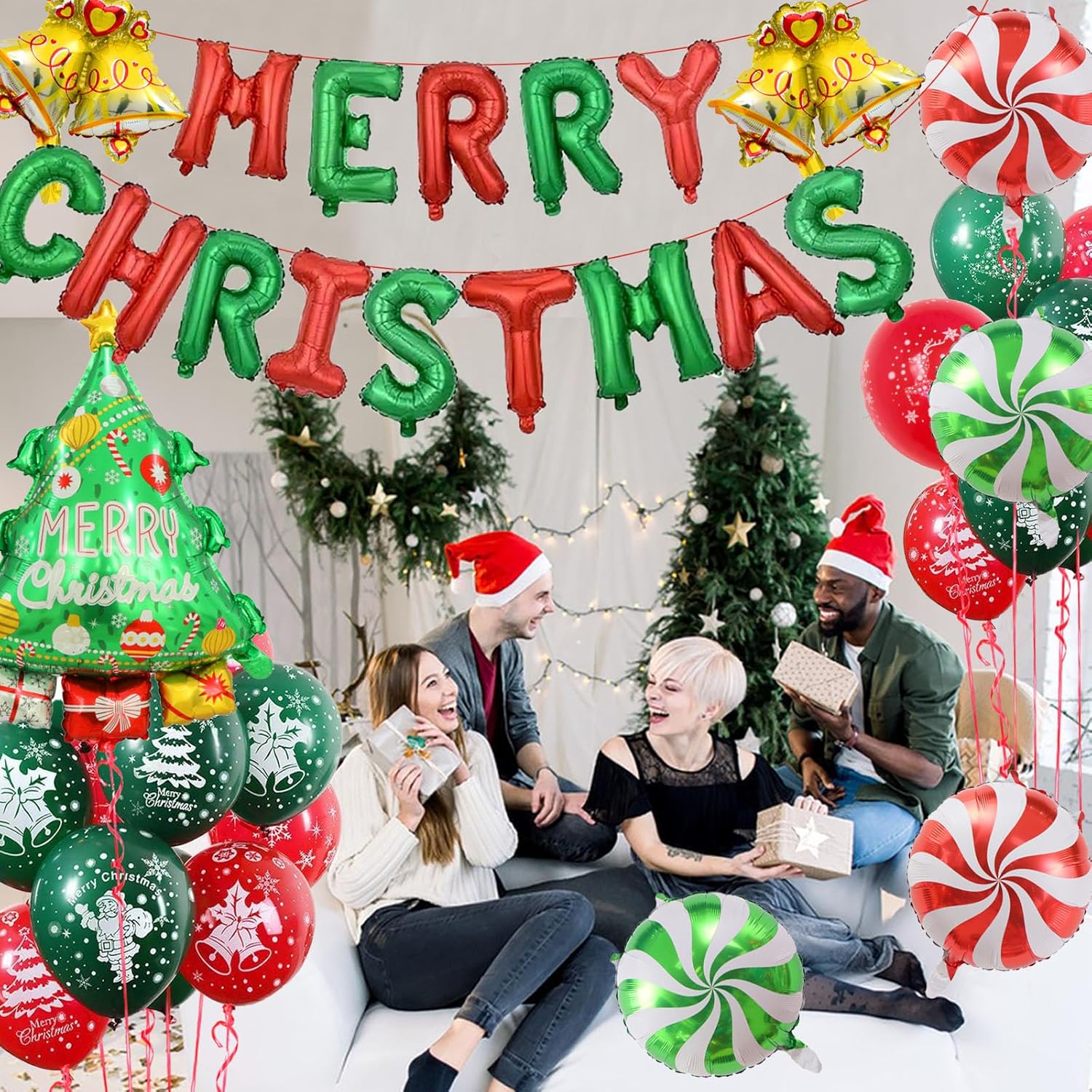Christmas Decorations, Merry Christmas Banner Balloons With Candy Small Bell Balloons, Tree Balloon For Outdoor Decorations Indoor