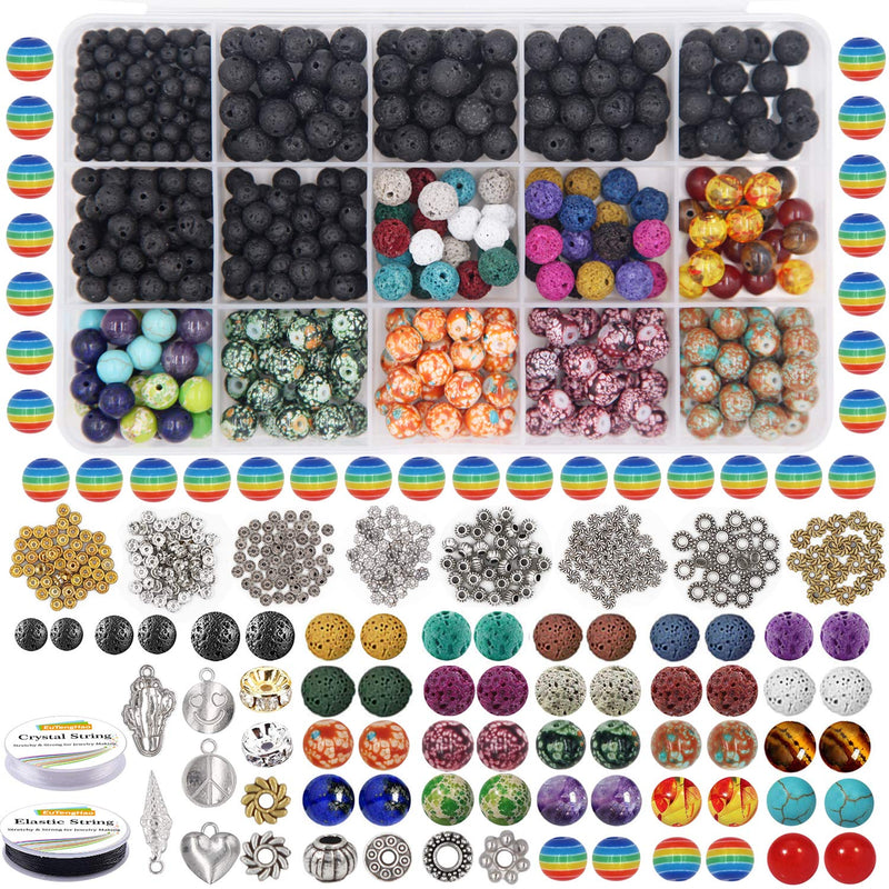 702Pcs Lava Beads Stone Rock Beads Rainbow Striped Beads Kit With Chak