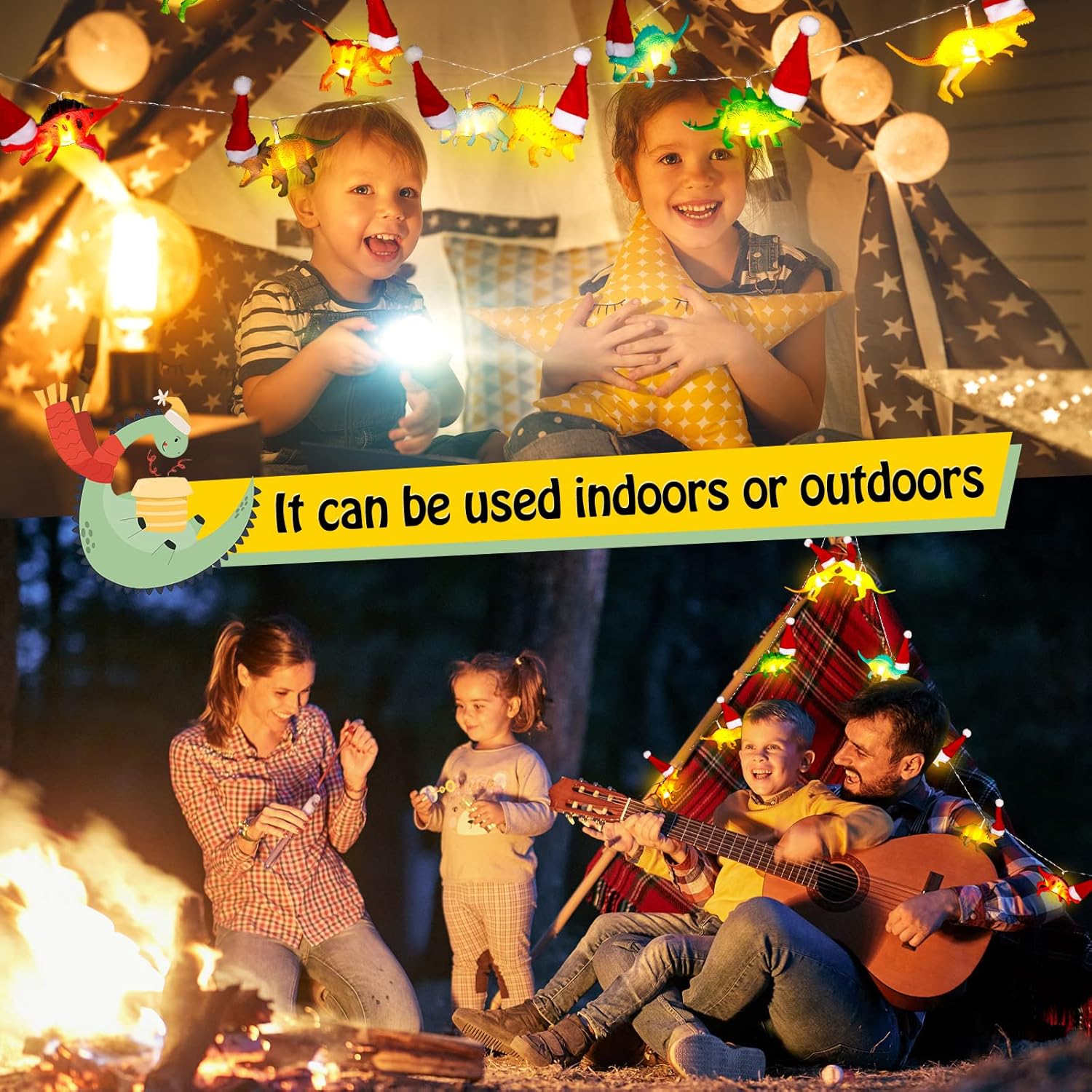 2 Pcs Christmas Dinosaur String Lights Total 13 Ft 20 Led Lights Hanging Dinosaur Lights Battery Operated Dino Lights Di