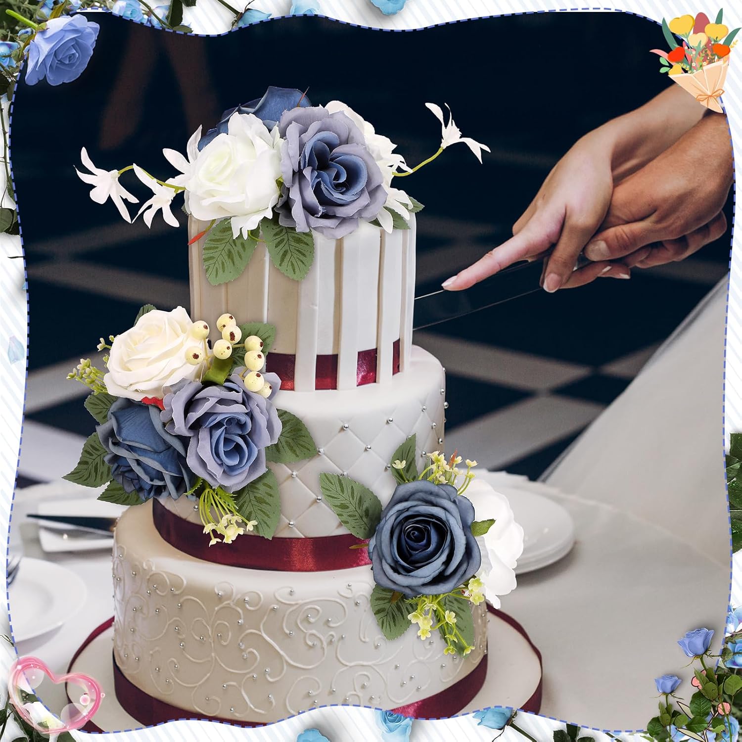 Wedding Cake Topper Flowers 3 Piece, Pre-Made Flower Cake Decorations Cake Topper Artificial Rose Flowers For Wedding Cake Decor Baby Shower Birthday Party
