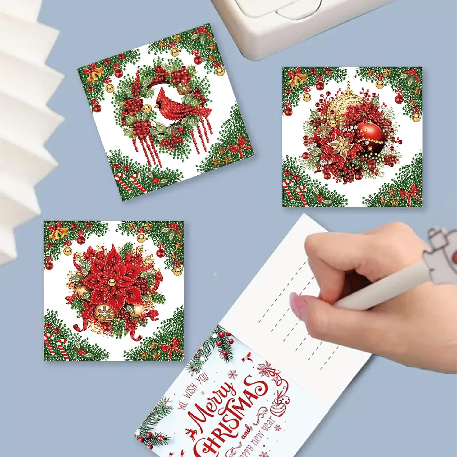 Christmas Diamond Art Painting Greeting Cards With Envelopes, 5D Diy Wreath Greeting Cards Diamond Art Kits Present-15-Poinsettia