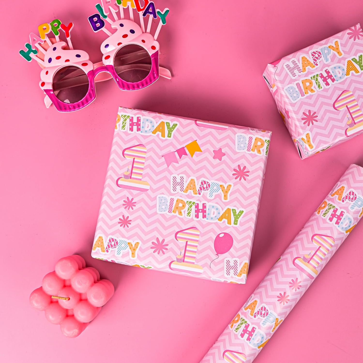 1St Birthday Wrapping Paper Roll - Pink Happy Birthday With Balloon Gift Wrap Sheets For Kids Girls Baby Shower Party Decoration Celebration Total 28.5Sq.Ft