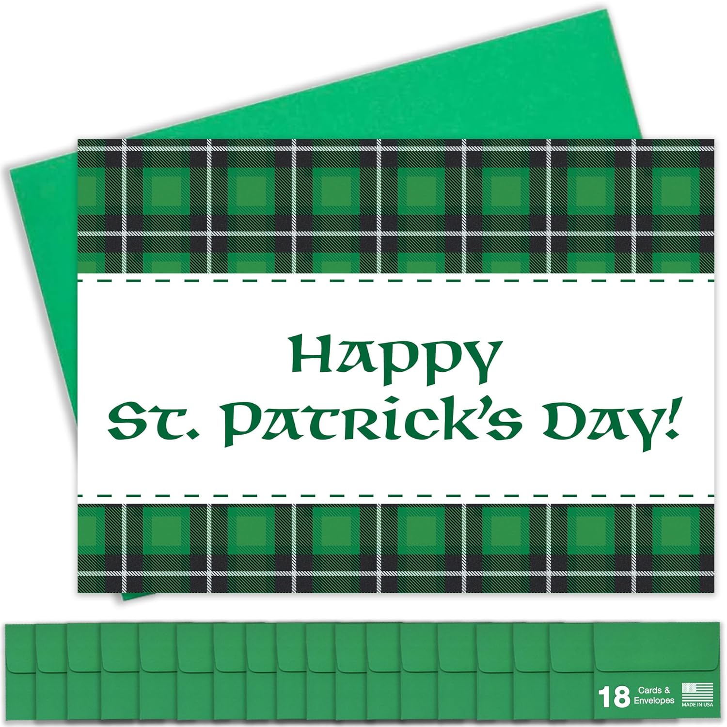 Happy St. Patrick'S Day Cards For Family & Business (Green Plaid) Saint Patrick Bulk Greeting Card Set Pack Of 18 With Envelopes (5X7 Inch - A7) Great For Office, Work, Employees & Clients Spd2501