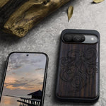 Pixel 9 Wood Case w/ Black TPU, Shockproof - Octopus Design (Blackwood)