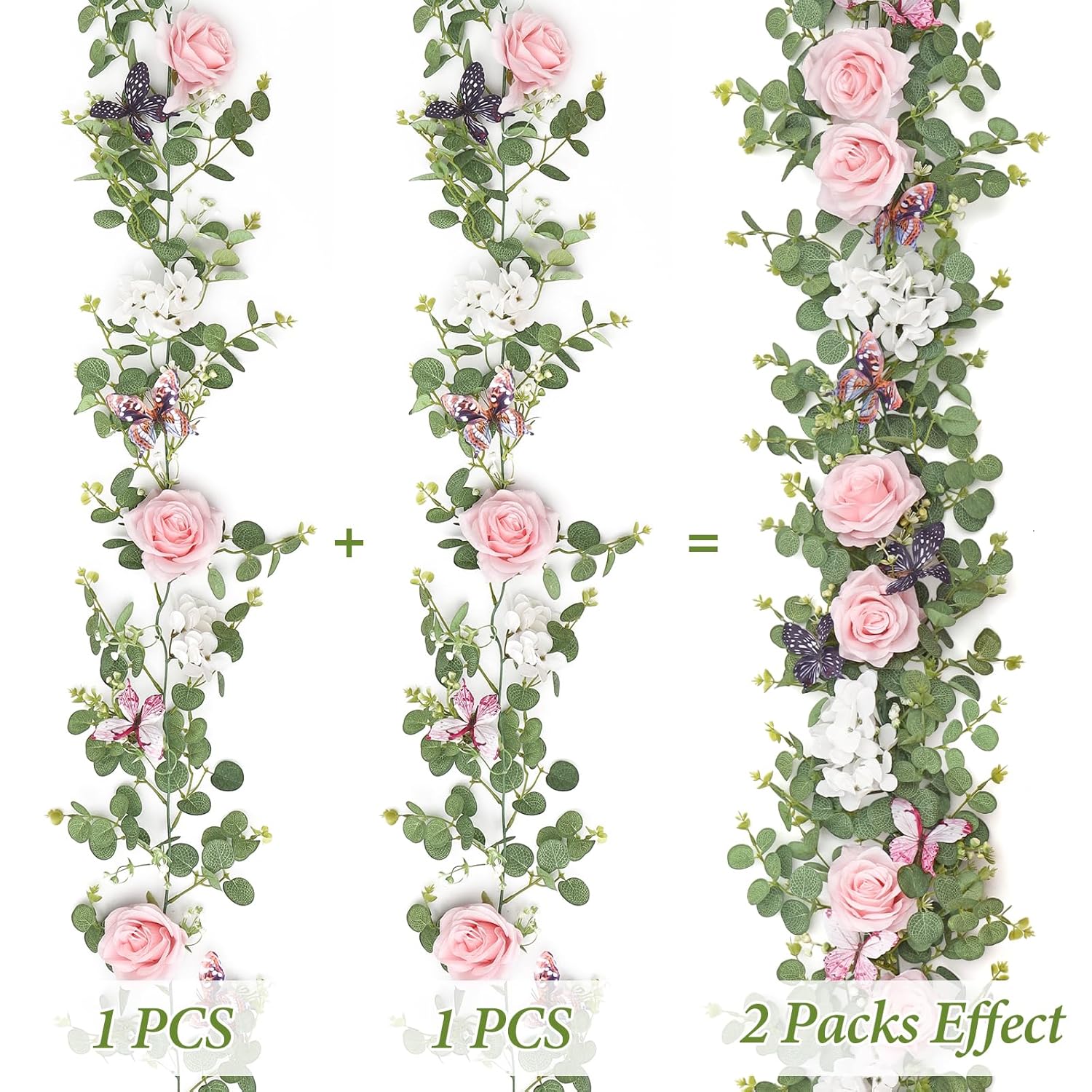 2Pcs 5.9 Ft Artificial Rose Vine Fake Flower Garland Pink Rose Hydrangea Vines With 3D Butterflies Hanging Floral Eucalyptus Garland For Wedding Party Background Arch Table Wall Home Decor