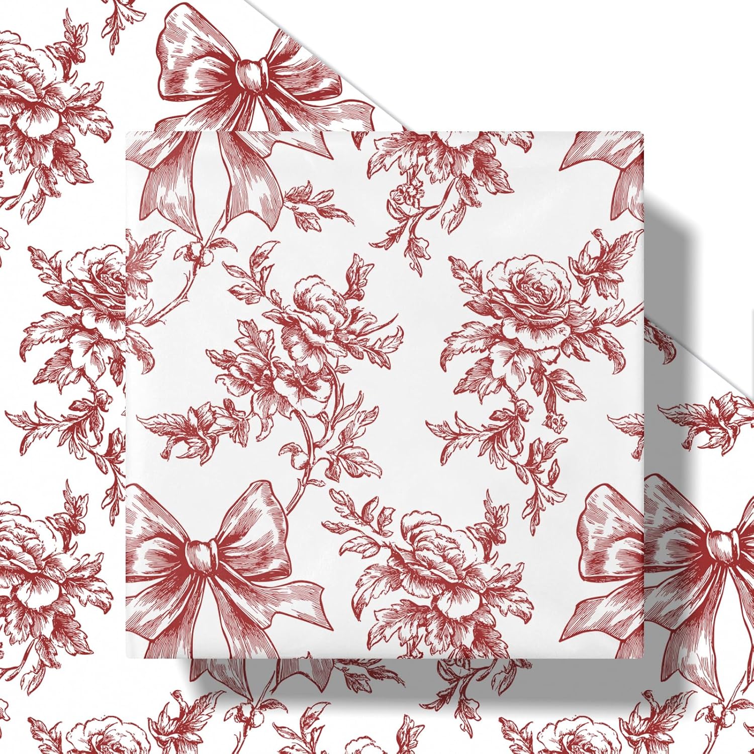 Vintage Floral Bow Wrapping Paper Roll, Mini Roll, Elegant Roses And Bows Design, Classic Red White Gift Wrap For Girls, Wedding, Birthday, Valentine'S Day, Christmas, 17 Inches X 16.4 Feet