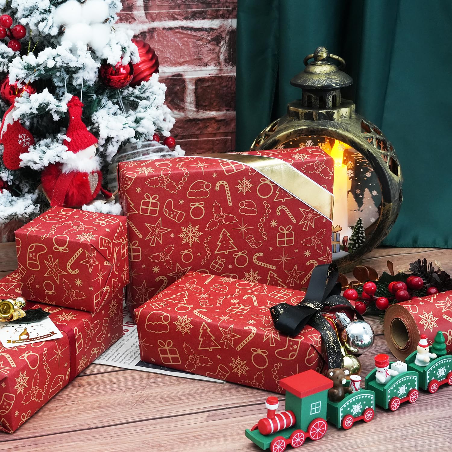 Christmas Wrapping Paper Roll, Red Kraft Wrapping Paper For Holiday Xmas, Gift Wrapping Paper For Boys Girls Men Women, Gift Wrap With Snowflake, Christmas Hats, Stockings, Trees Designs, 17X590 Inch. (Red)