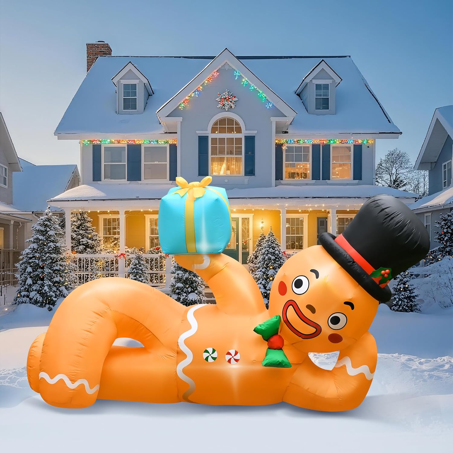 10 Ft Christmas Inflatables Gingerbread Man, Christmas Blow Up Yard Decorations With Built-In Leds, Lying Gingerbread In